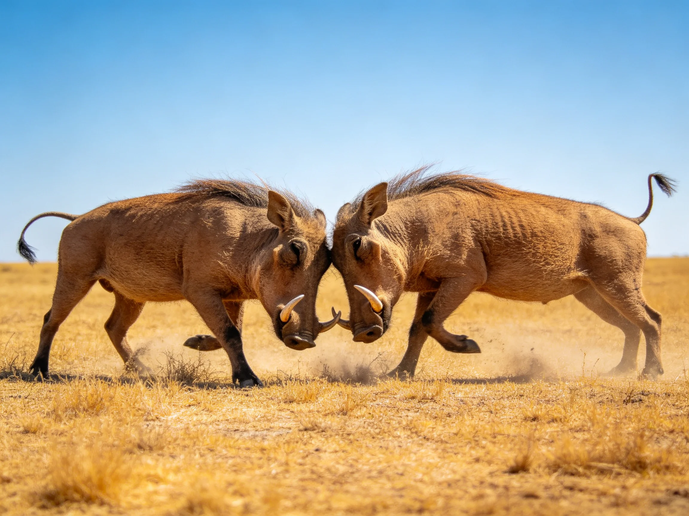Two brown warthogs spar in a golden savannah under clear blue sky
