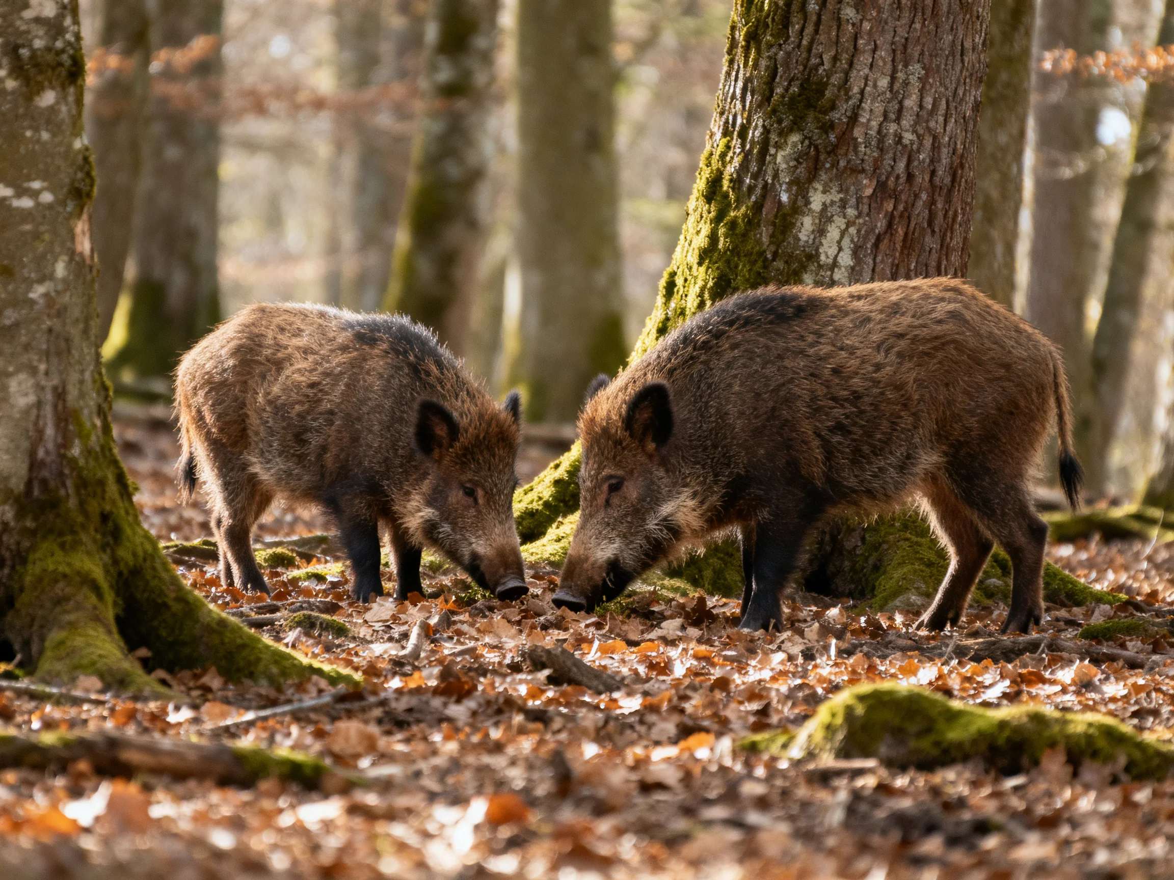 Two brown wild boars forage near moss-covered trees and fallen leaves