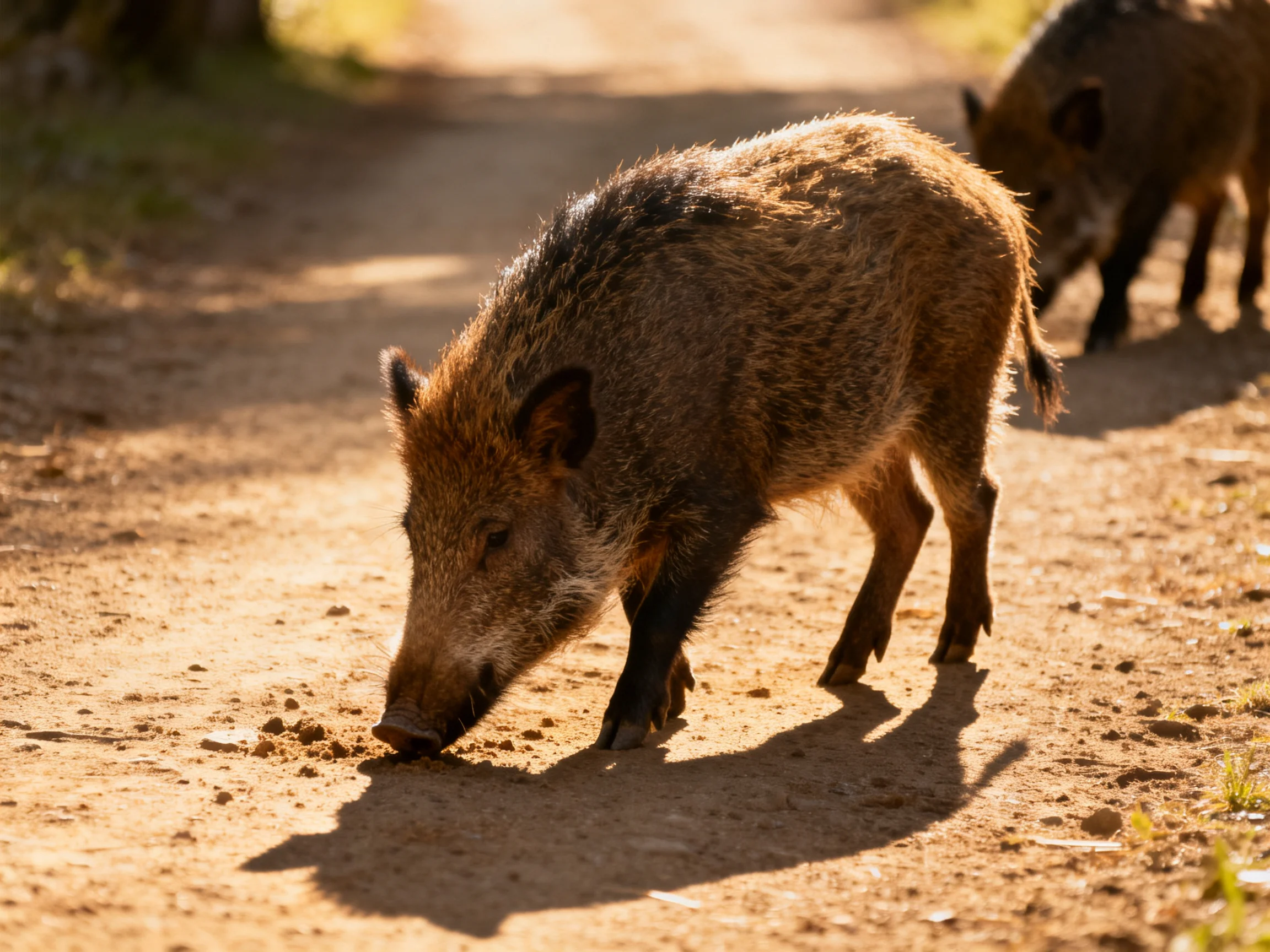 Two brown wild boars forage on a sunlit dirt path
