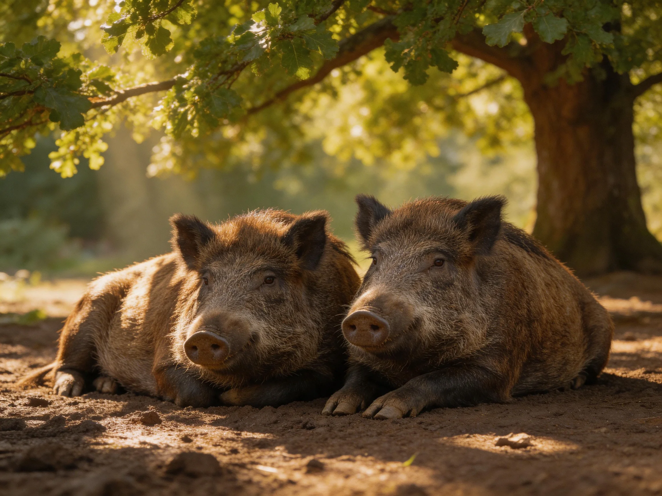Two brown wild boars rest beneath a large green oak tree