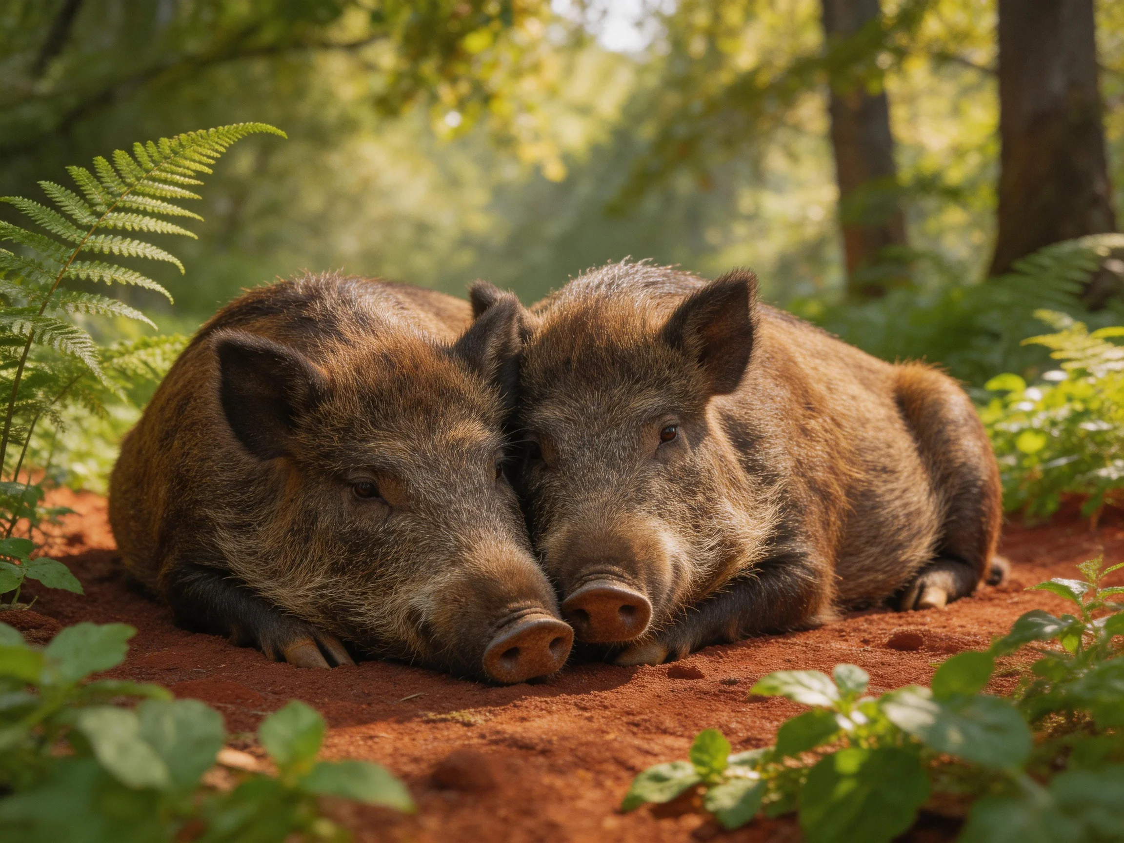 Two brown wild boars rest on reddish dirt among lush greenery