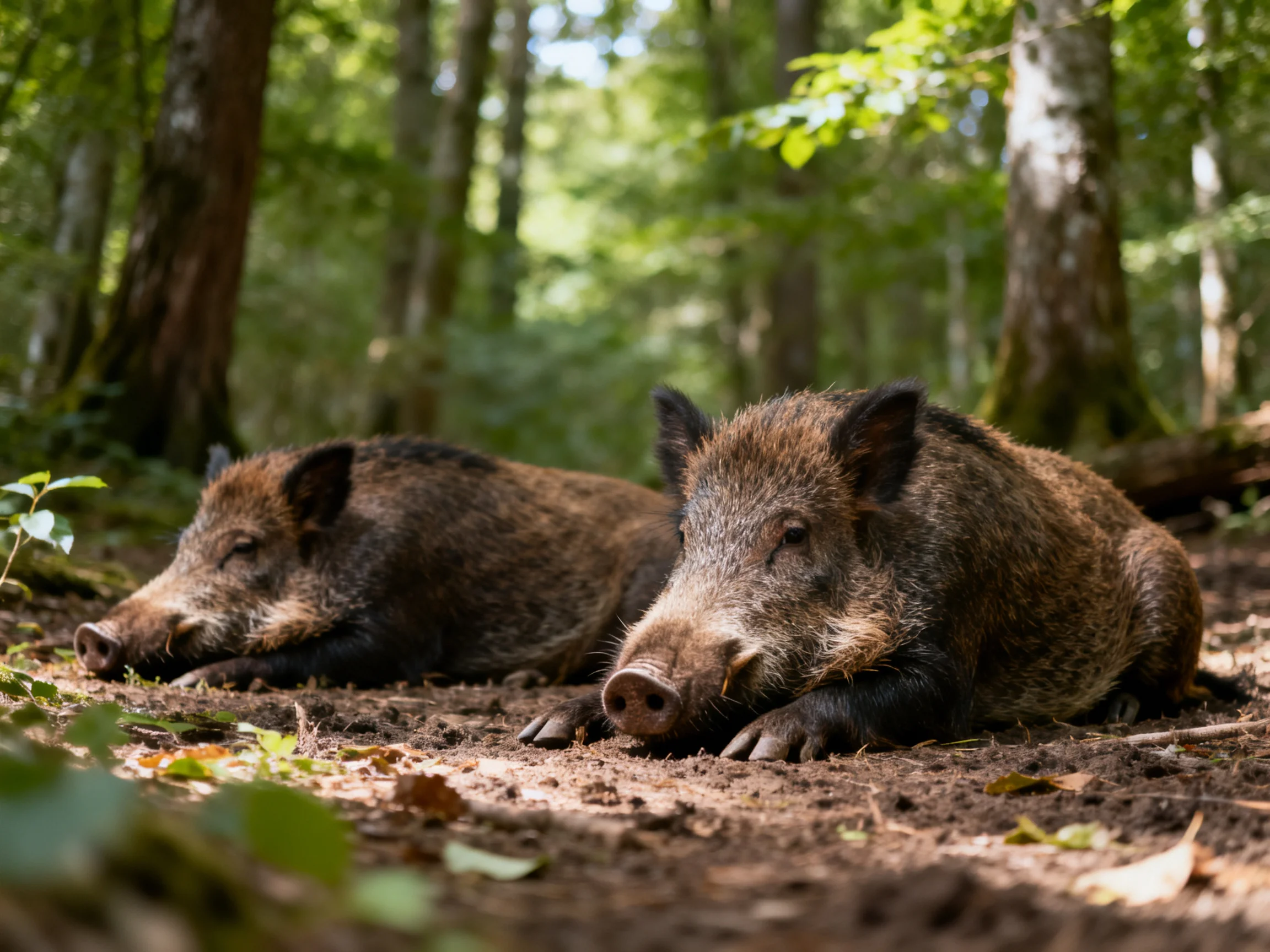 Two brown wild boars resting in a sunlit forest clearing