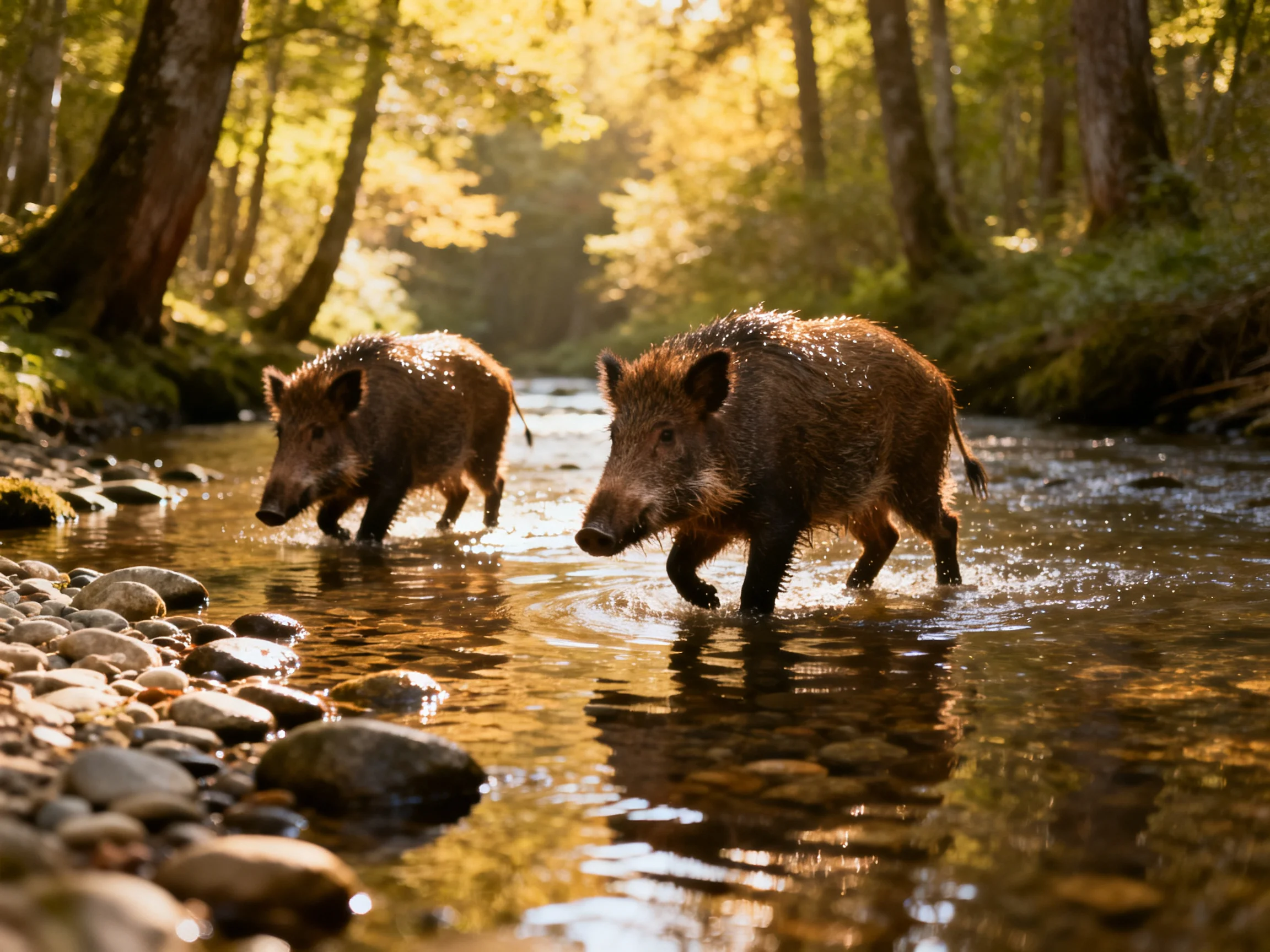 Two brown wild boars wade through a sunlit forest stream
