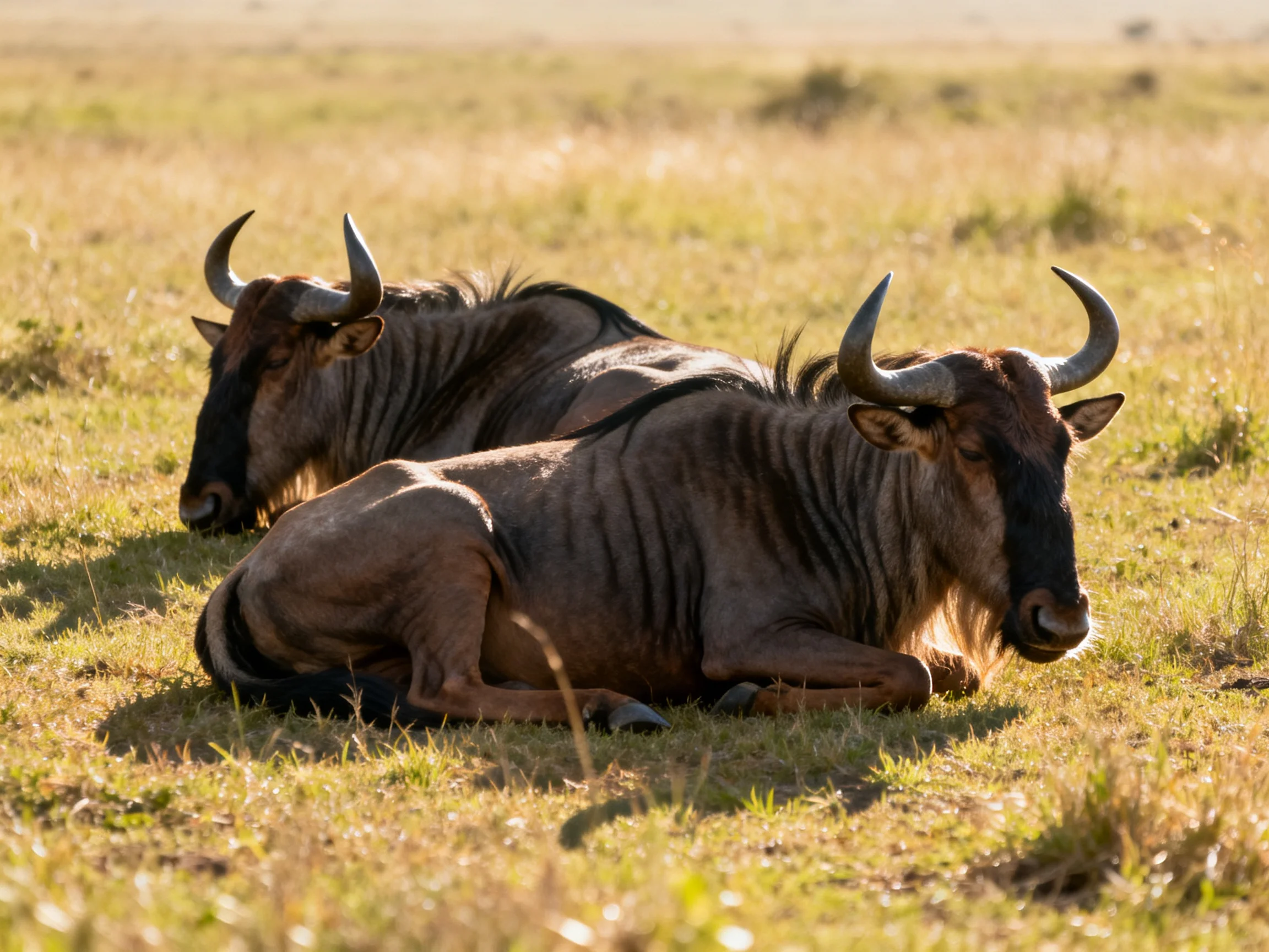Two wildebeasts rest on sunlit savannah grass.