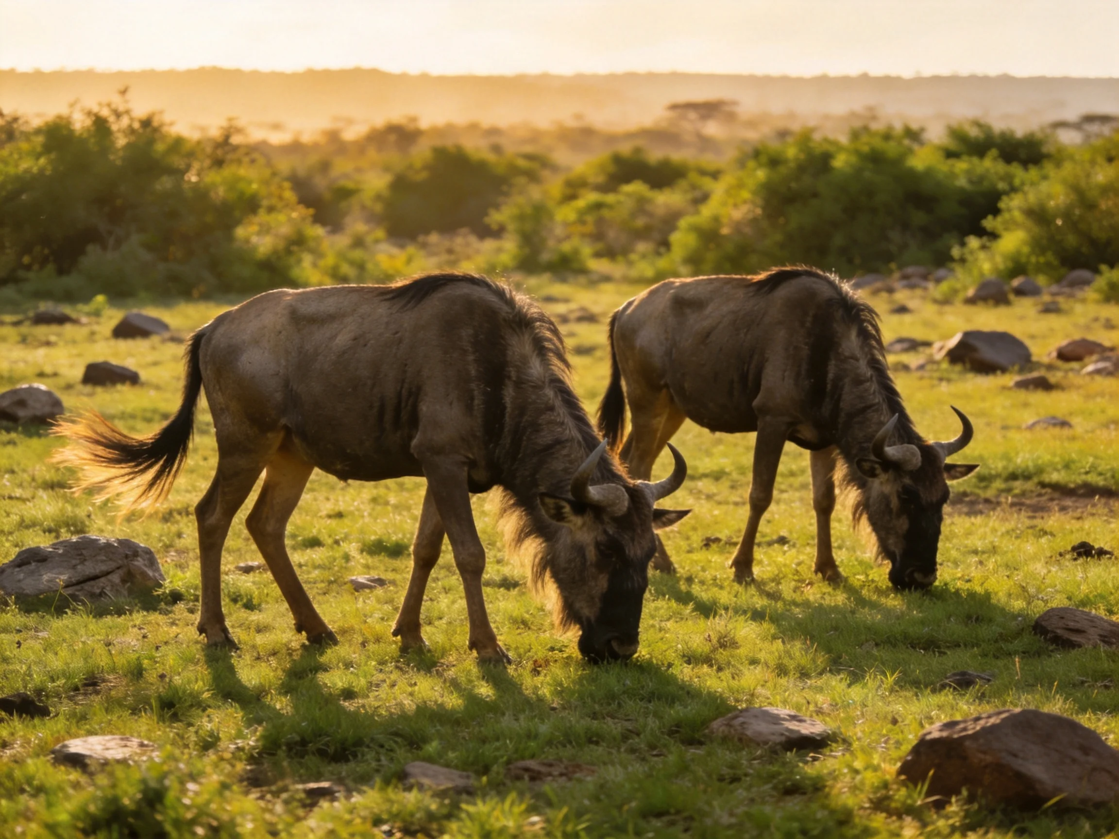 Two wildebeests graze in a sunlit savannah with scattered rocks.
