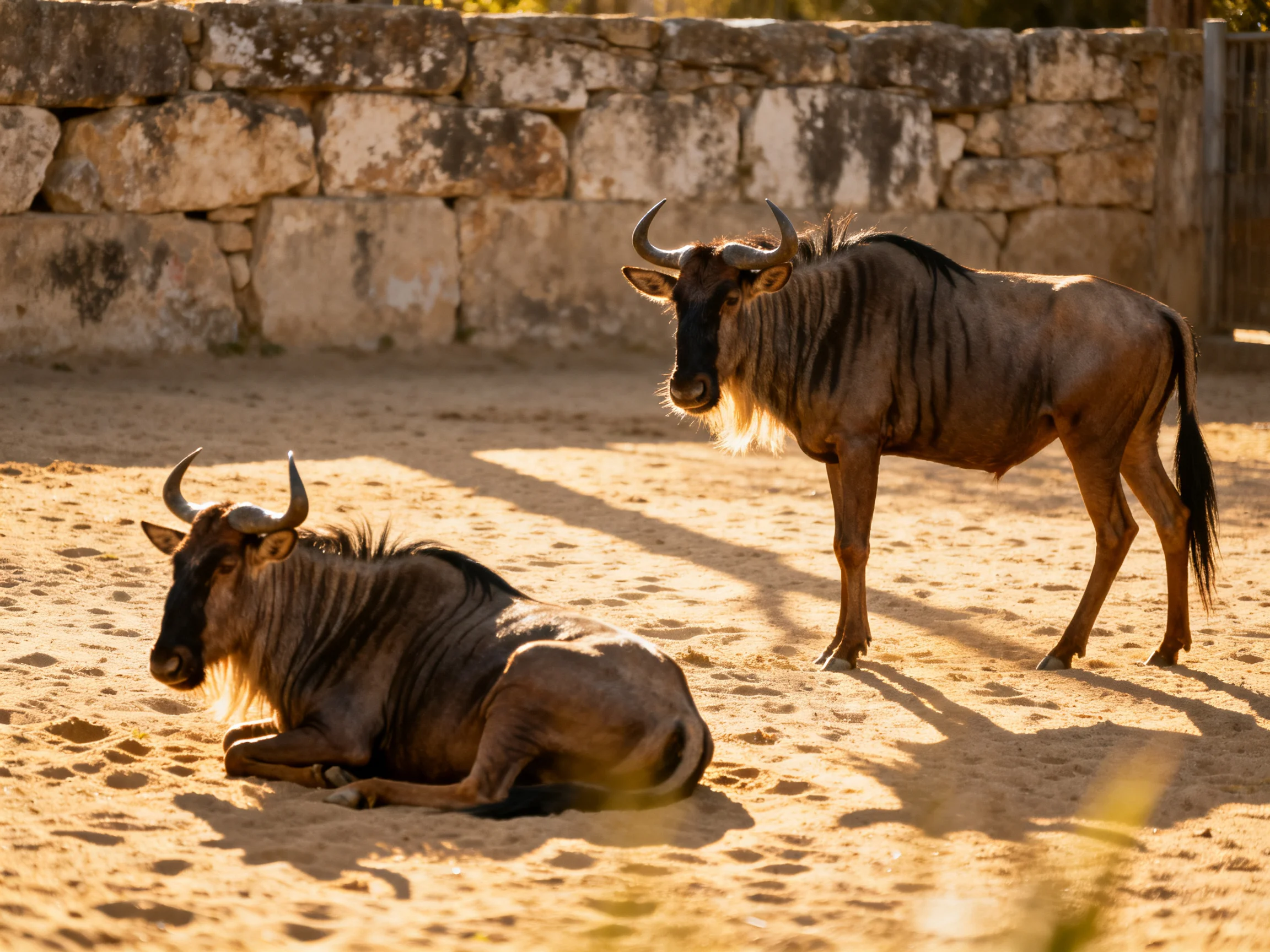 Two brown wildebeests rest near an aged stone wall on sandy ground.