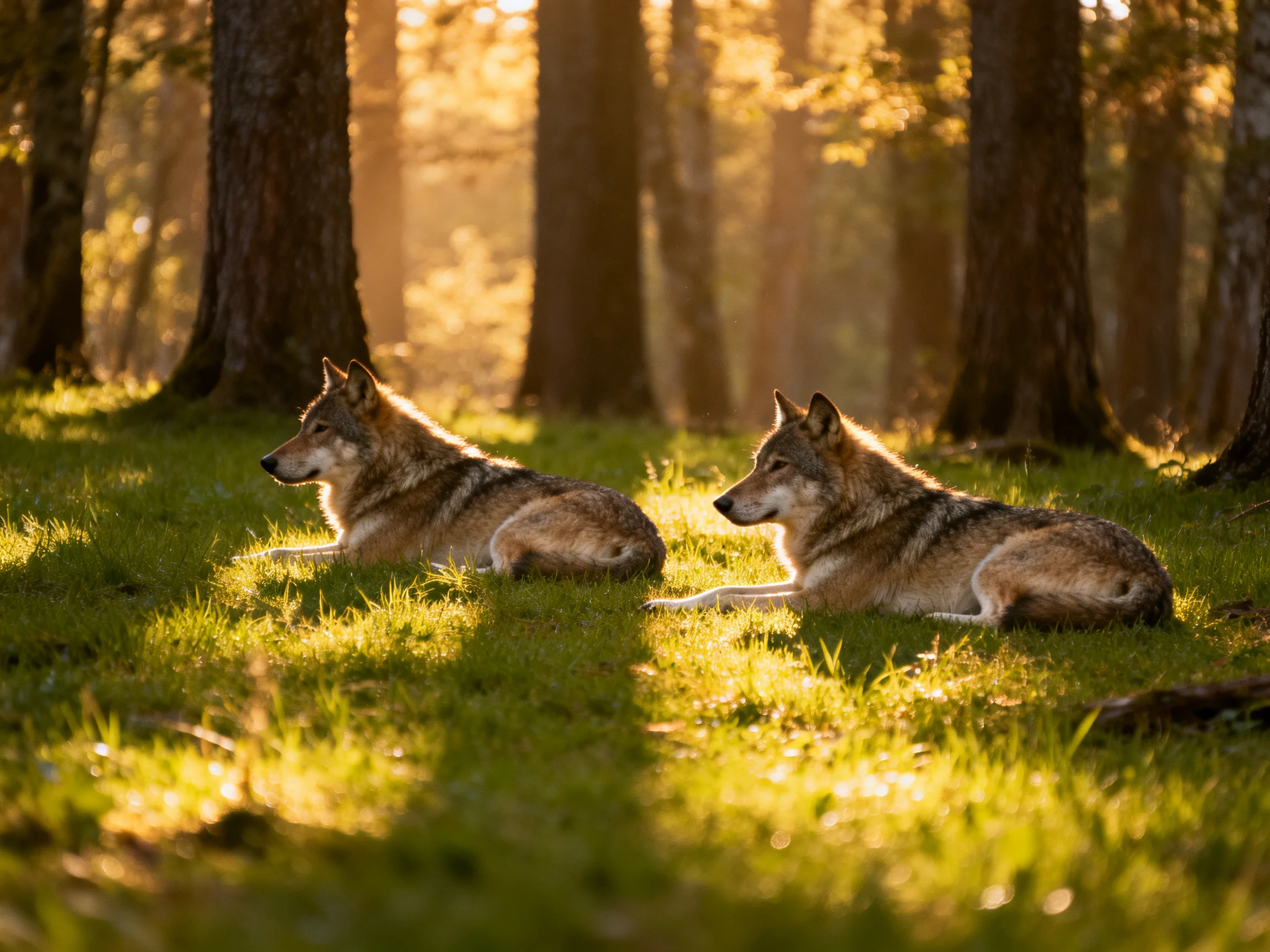 Two brown wolves rest amid tall trees in a sunlit forest