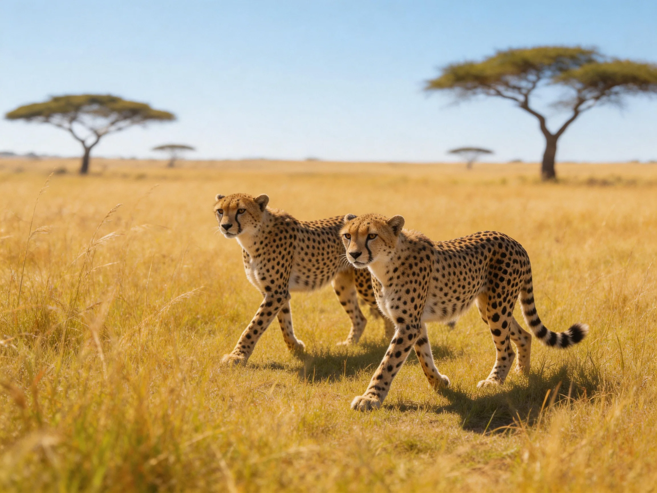Two cheetahs roam golden savannah with distant acacia trees