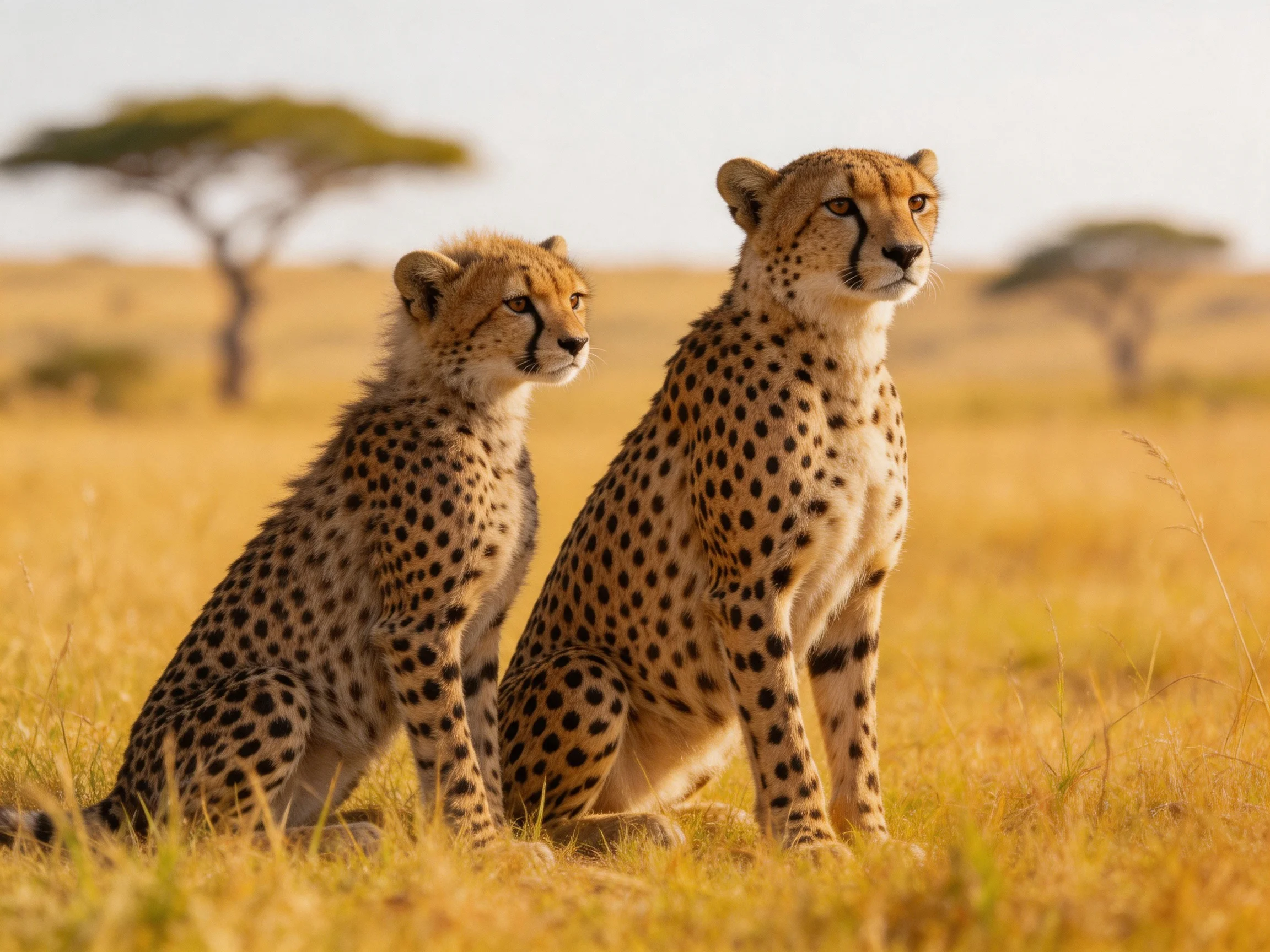 Two cheetahs sit alertly in golden savannah grasslands
