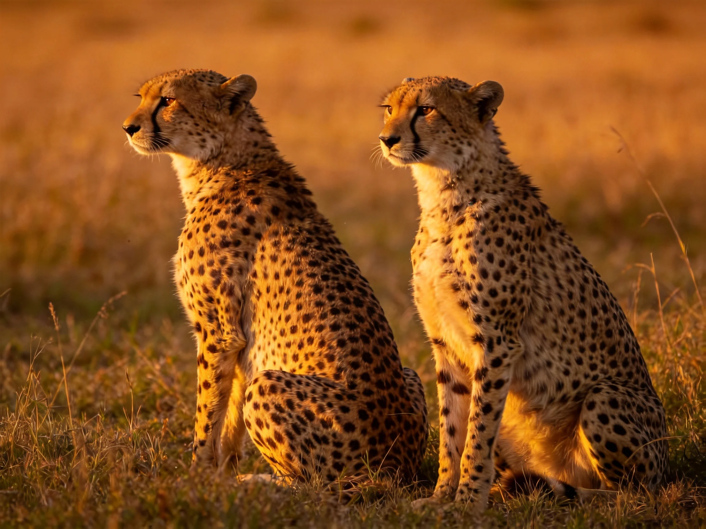 Two cheetahs sit in golden savannah grass during sunset