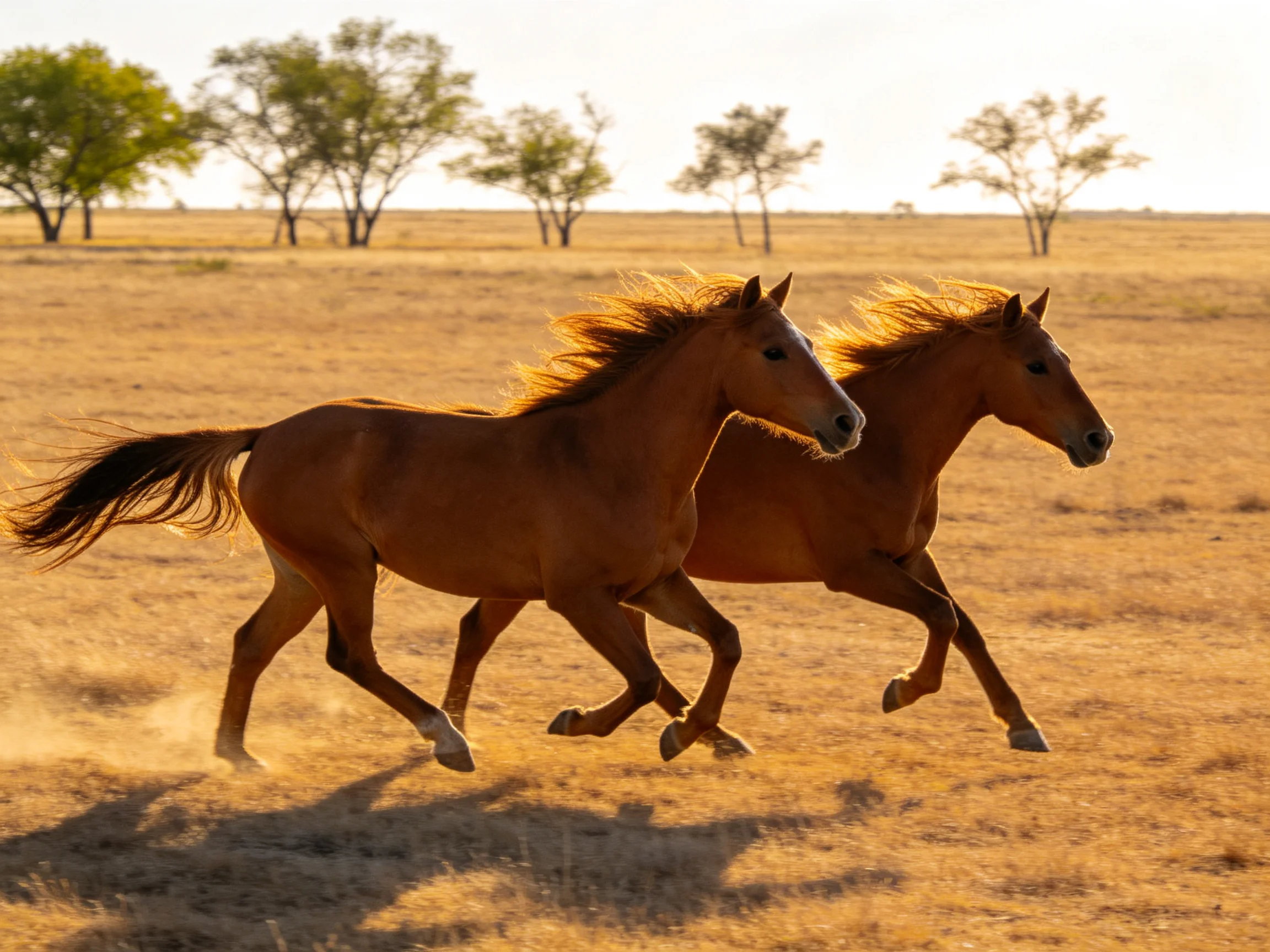 Two chestnut horses gallop through a golden open plain with scattered trees