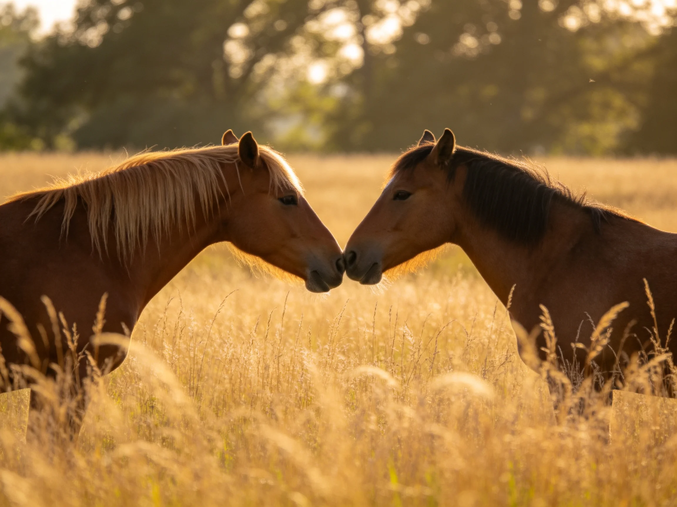 Two chestnut horses nuzzle in a sunlit golden meadow