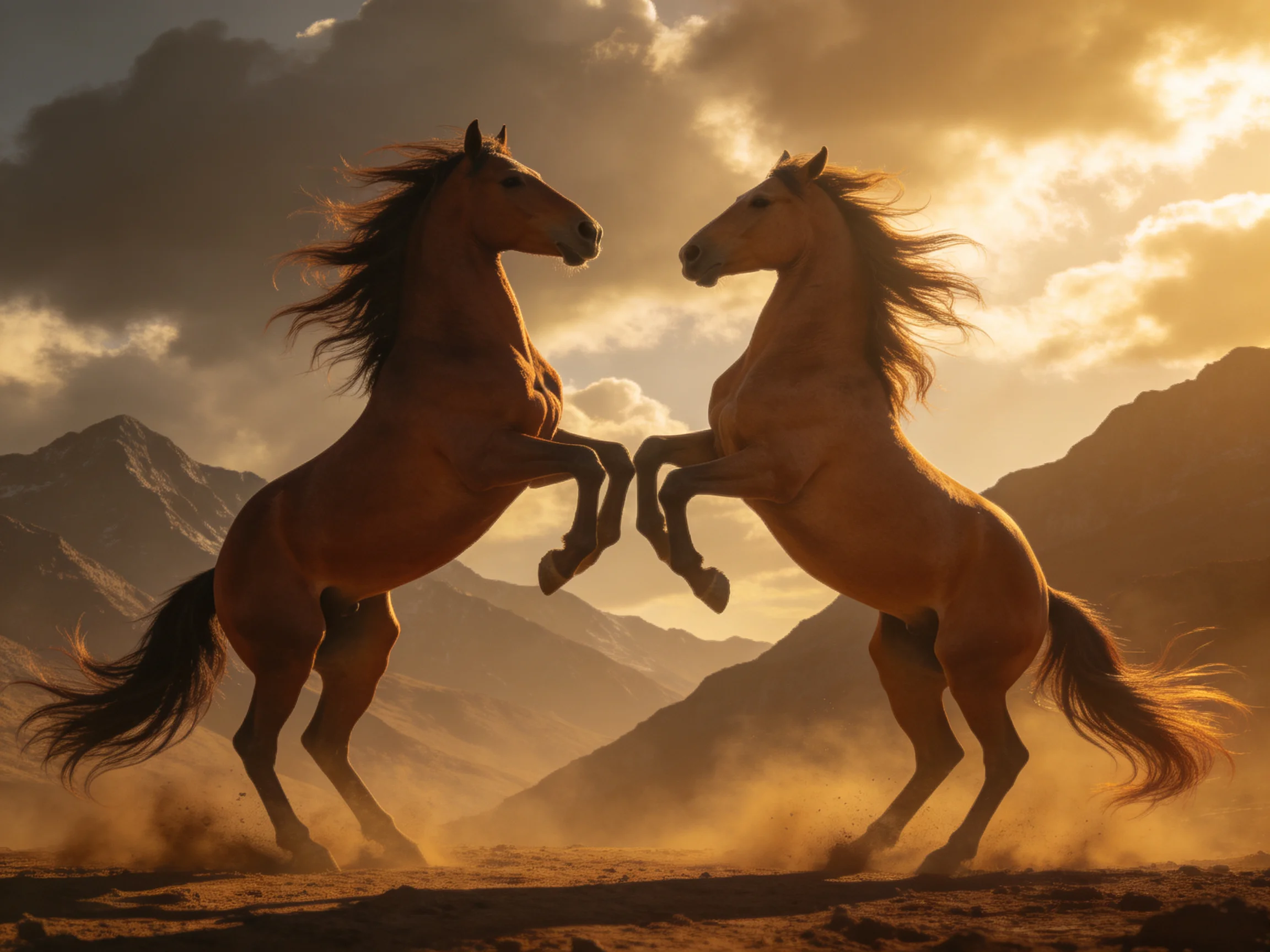 Two chestnut stallions rear toward each other in a dusty mountainous setting.