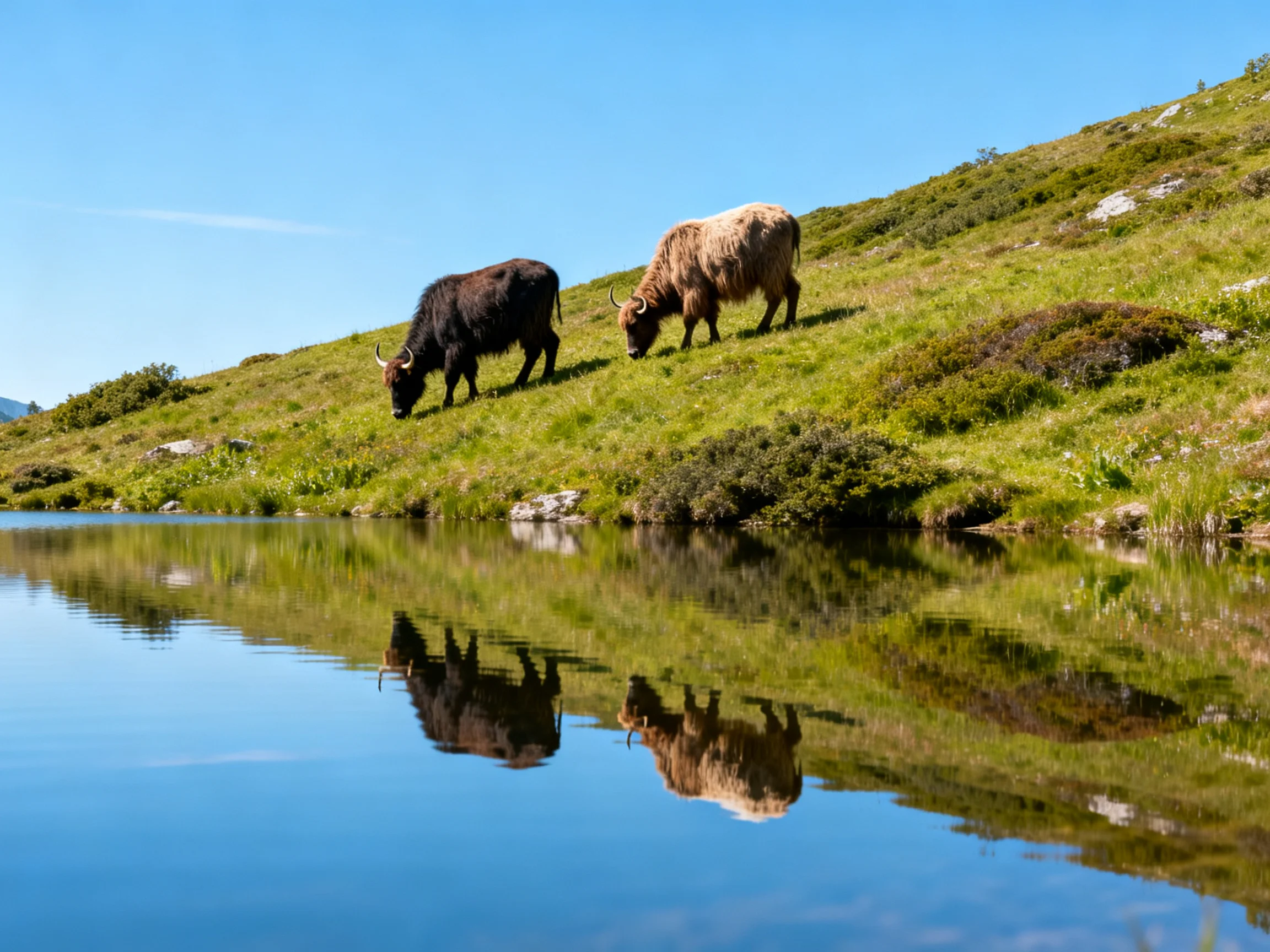 Two cows graze on a grassy hillside beside still water reflecting the scene.