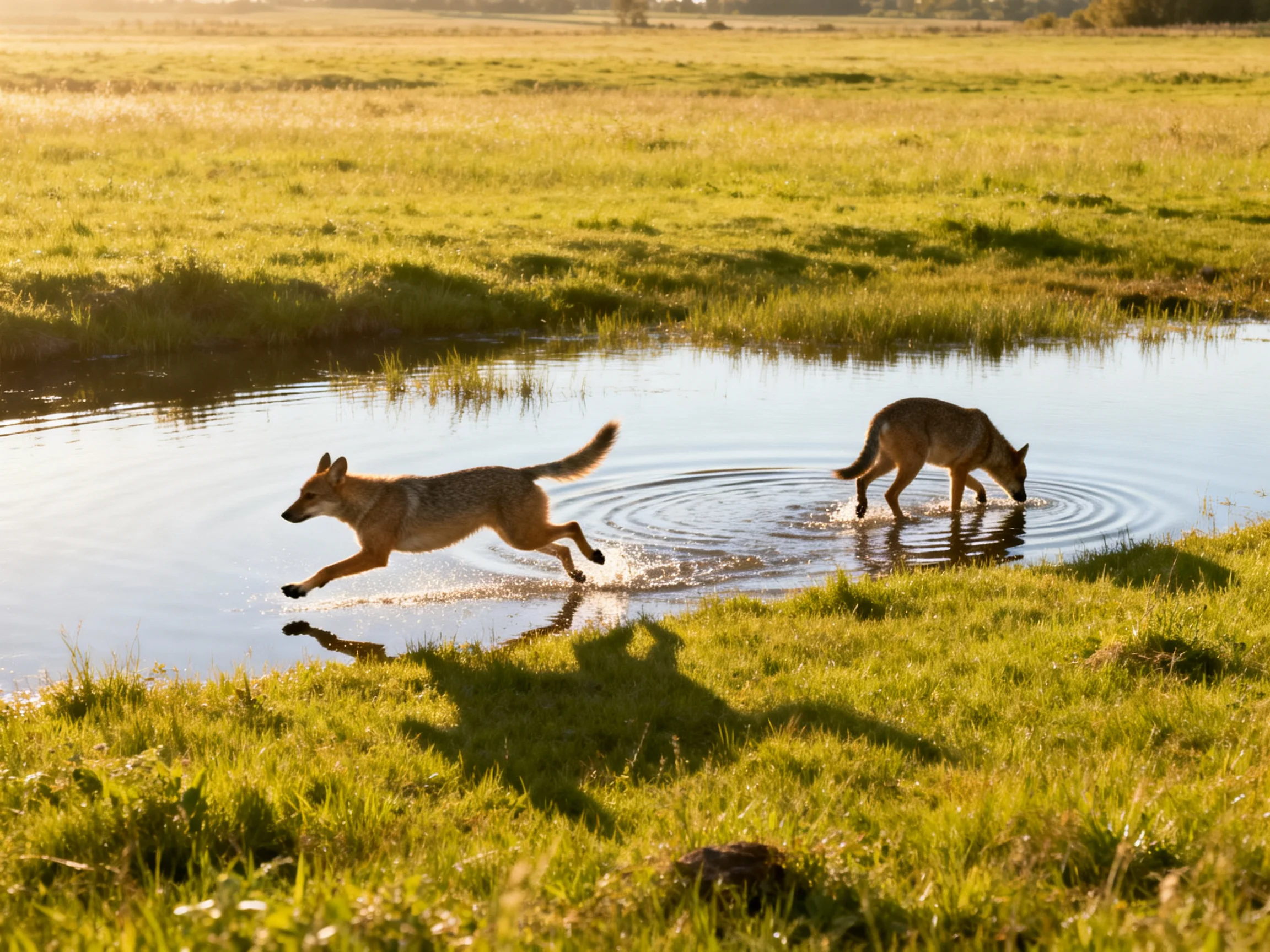 Two coyotes interact near a reflective stream in golden grasslands