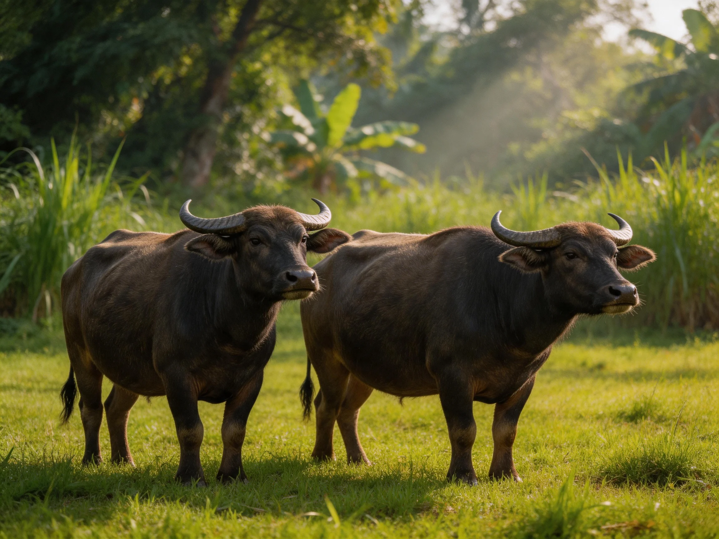 Two dark brown water buffaloes stand together on a sunlit grassy field.