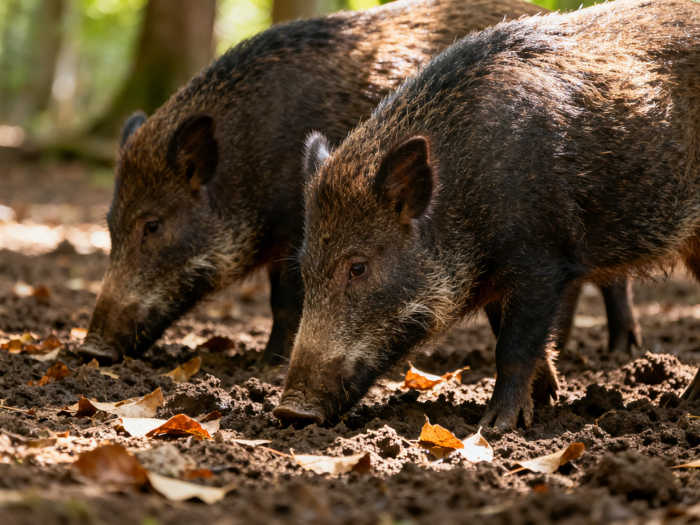 Two dark brown wild boars forage amid fallen leaves in a sunlit forest