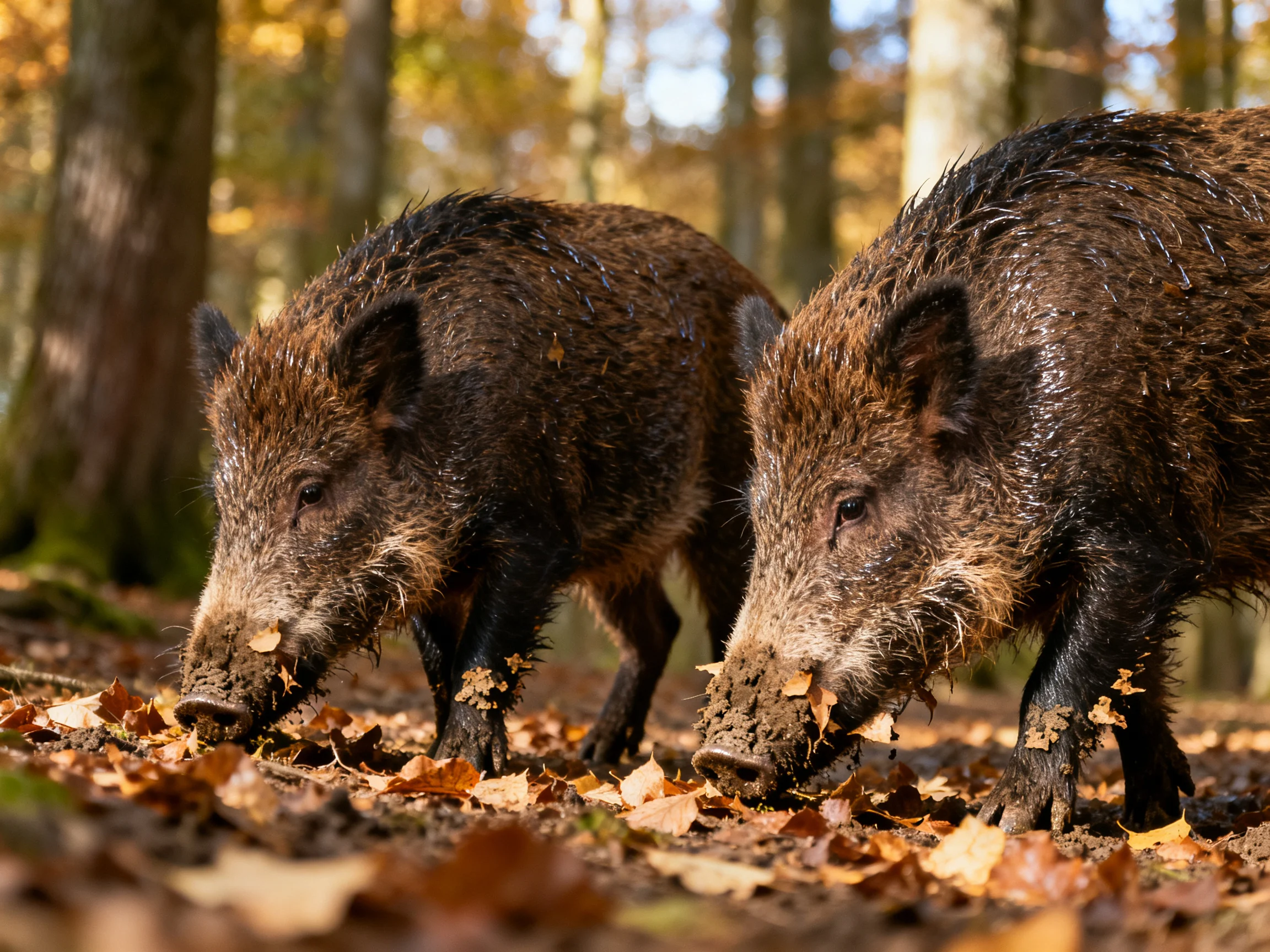 Two dark brown wild boars foraging amid autumn leaves in a forest