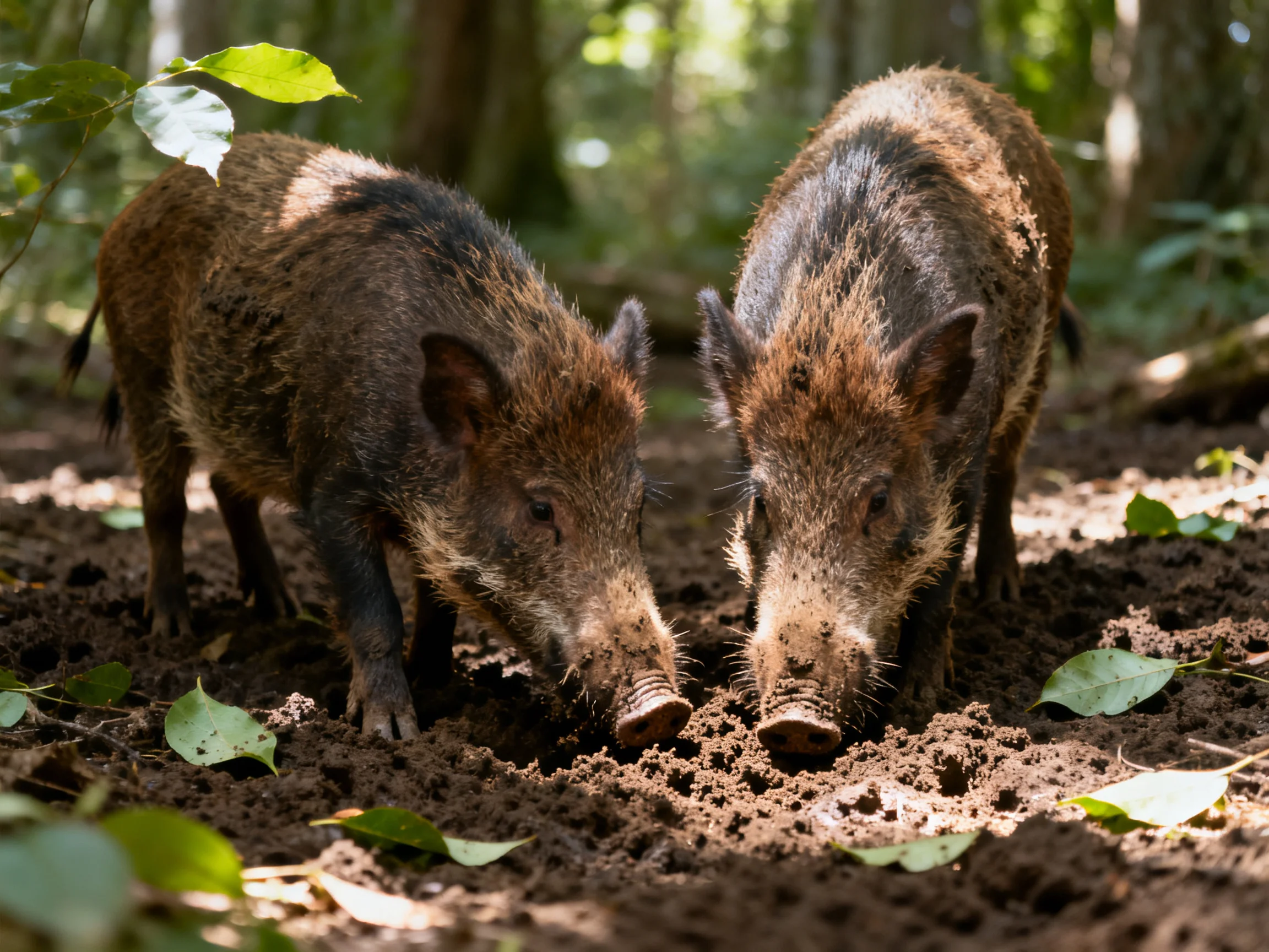 Two dark-brown wild boars foraging in a sunlit forest clearing