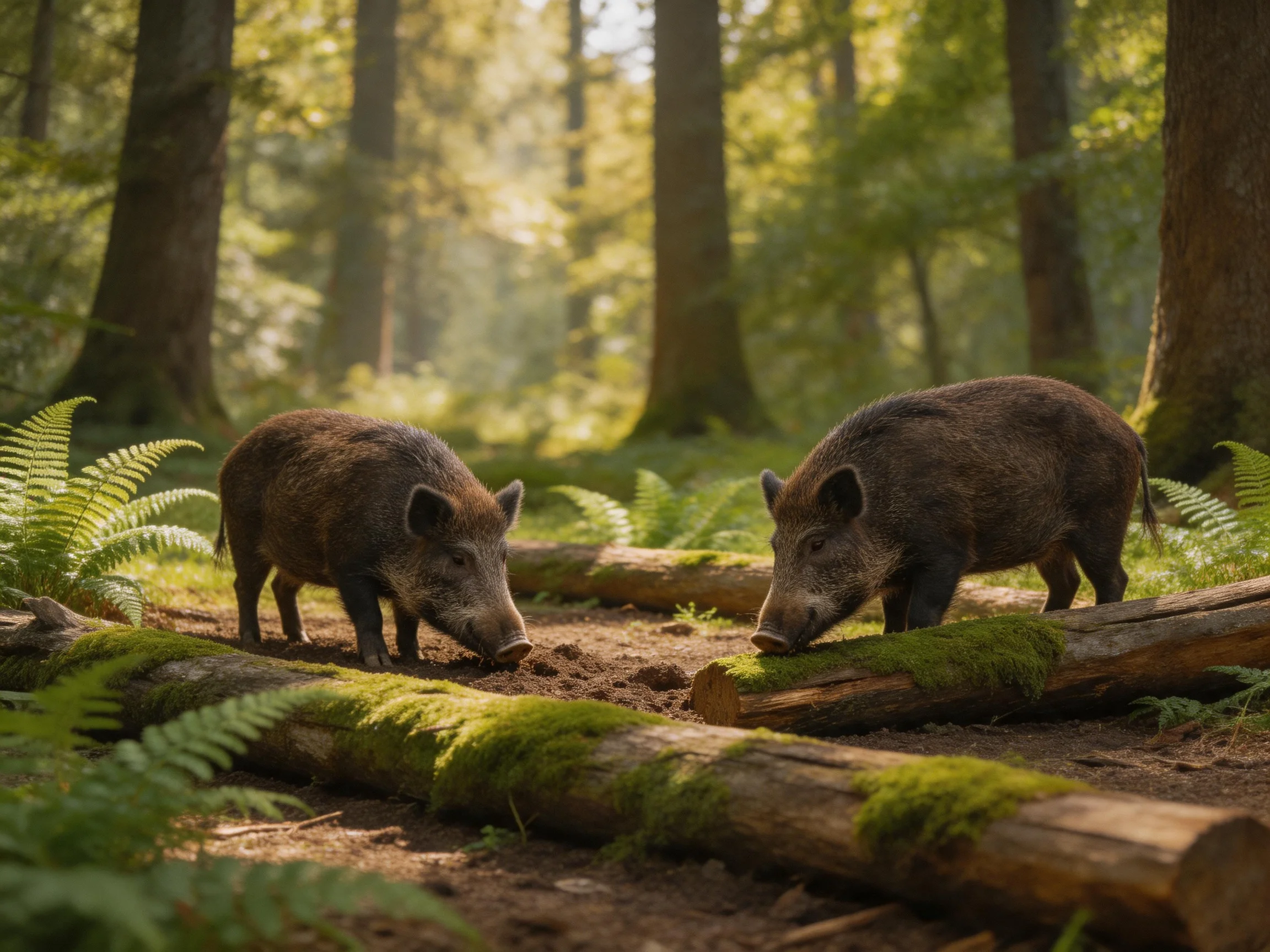 Two dark brown wild boars foraging near moss-covered logs in sunlit forest