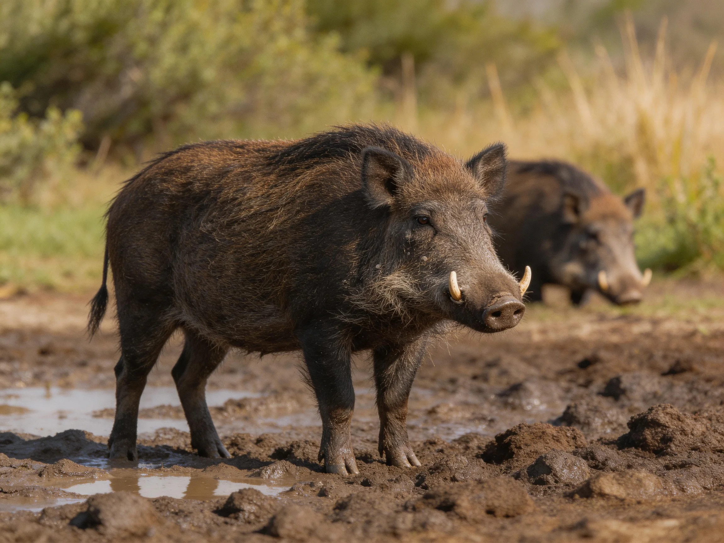 Two dark brown wild boars in a muddy, vegetated landscape