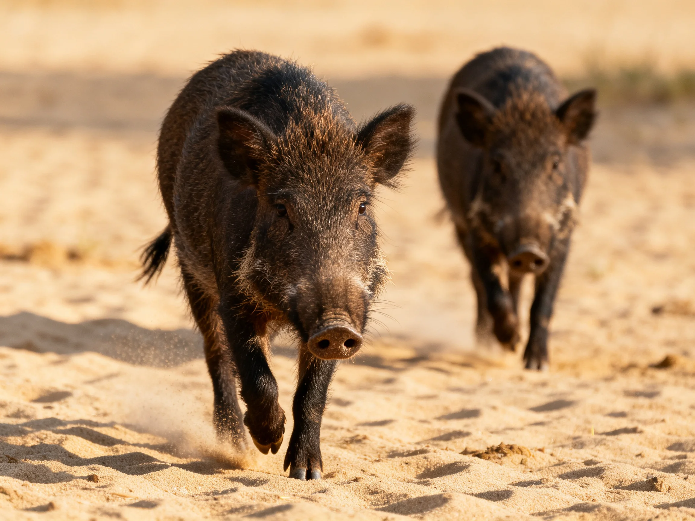 Two dark brown wild boars running on a sandy path
