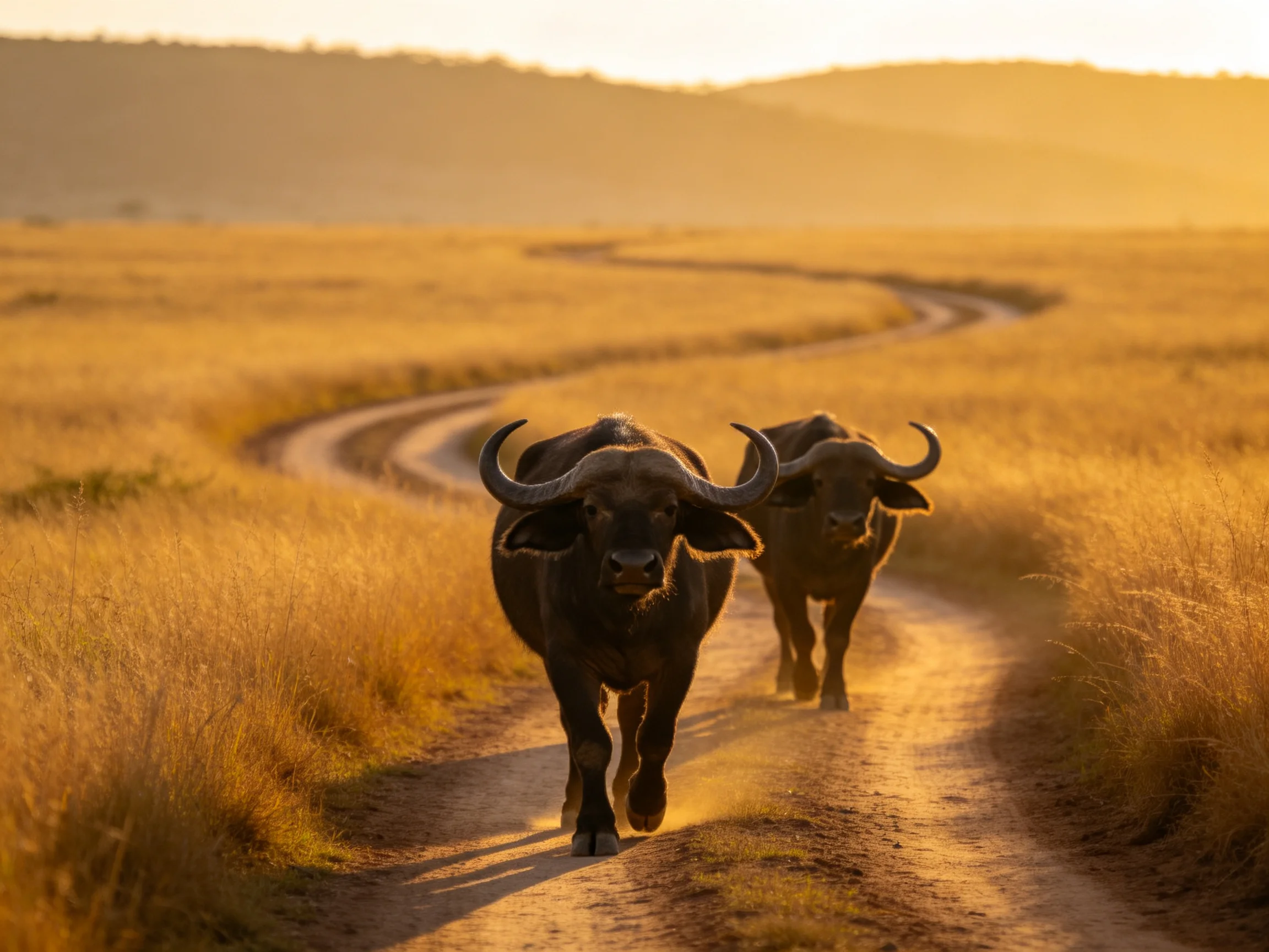 Two buffaloes move along a golden savannah dirt path