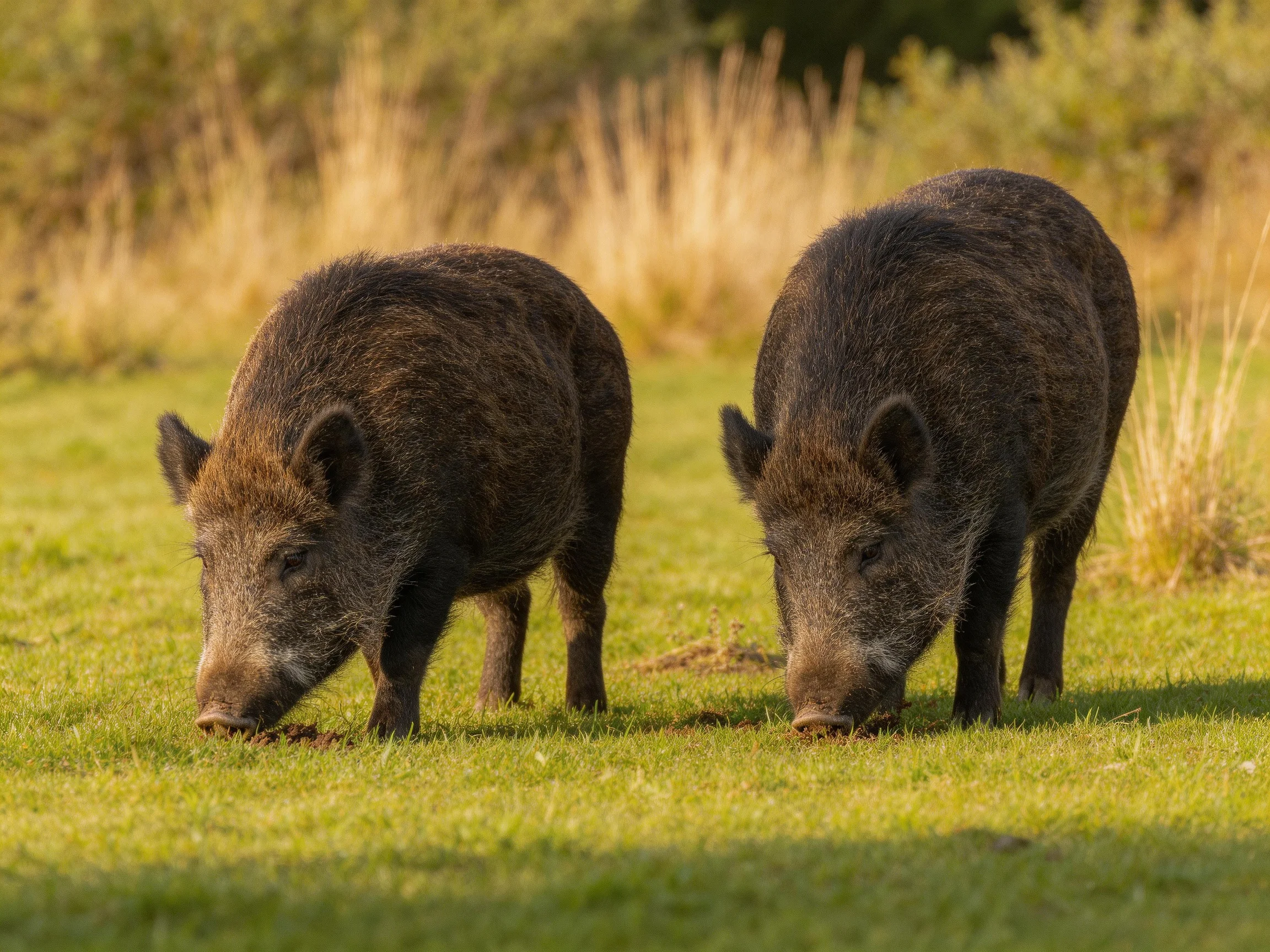 Two dark-furred boars foraging in a sunlit grassy field
