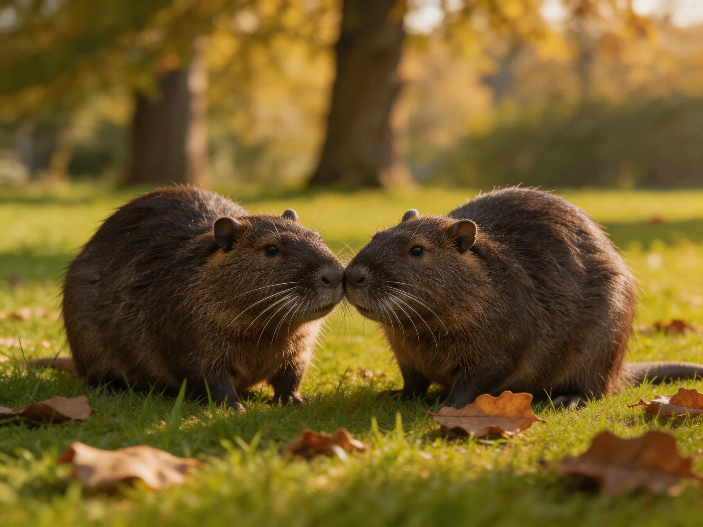 Two dark-furred rodents nuzzle on a leafy field with autumn leaves