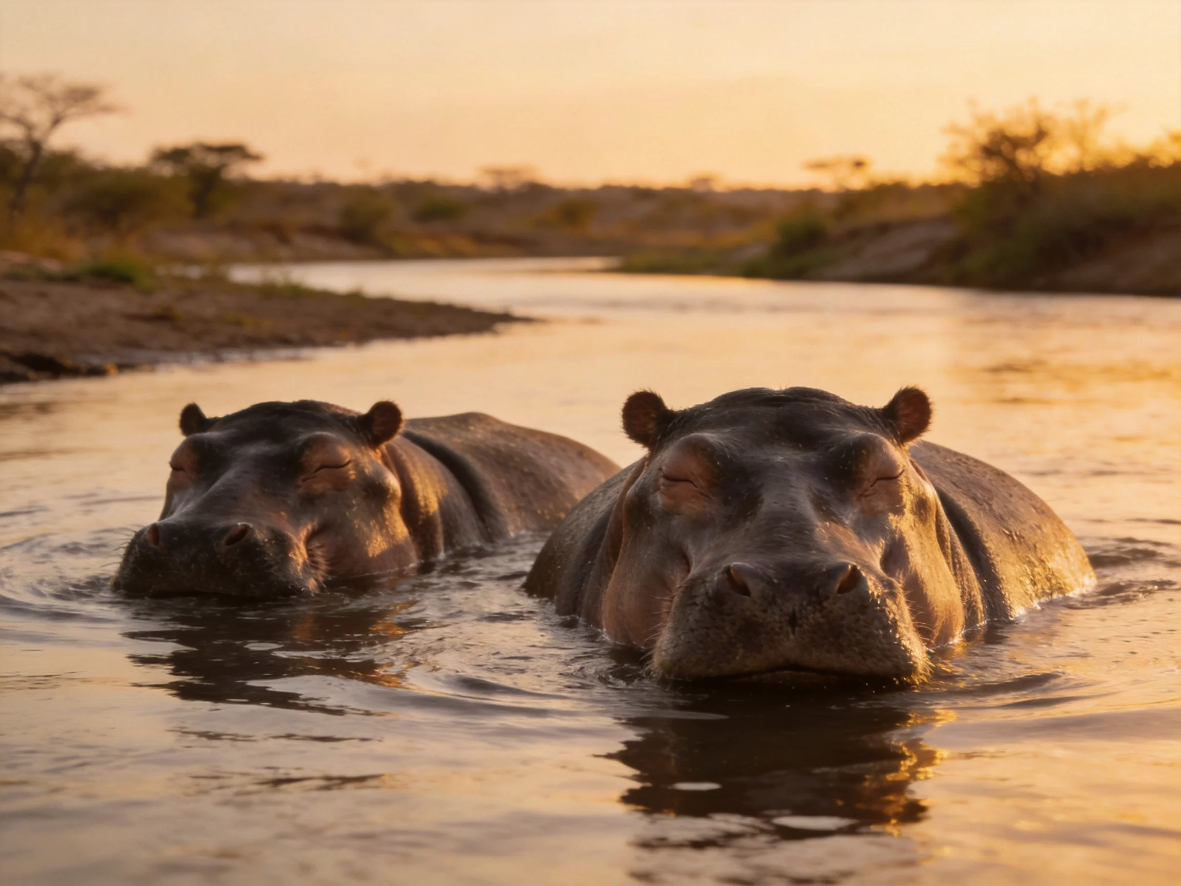 Two dark gray hippos float in calm river waters during golden hour