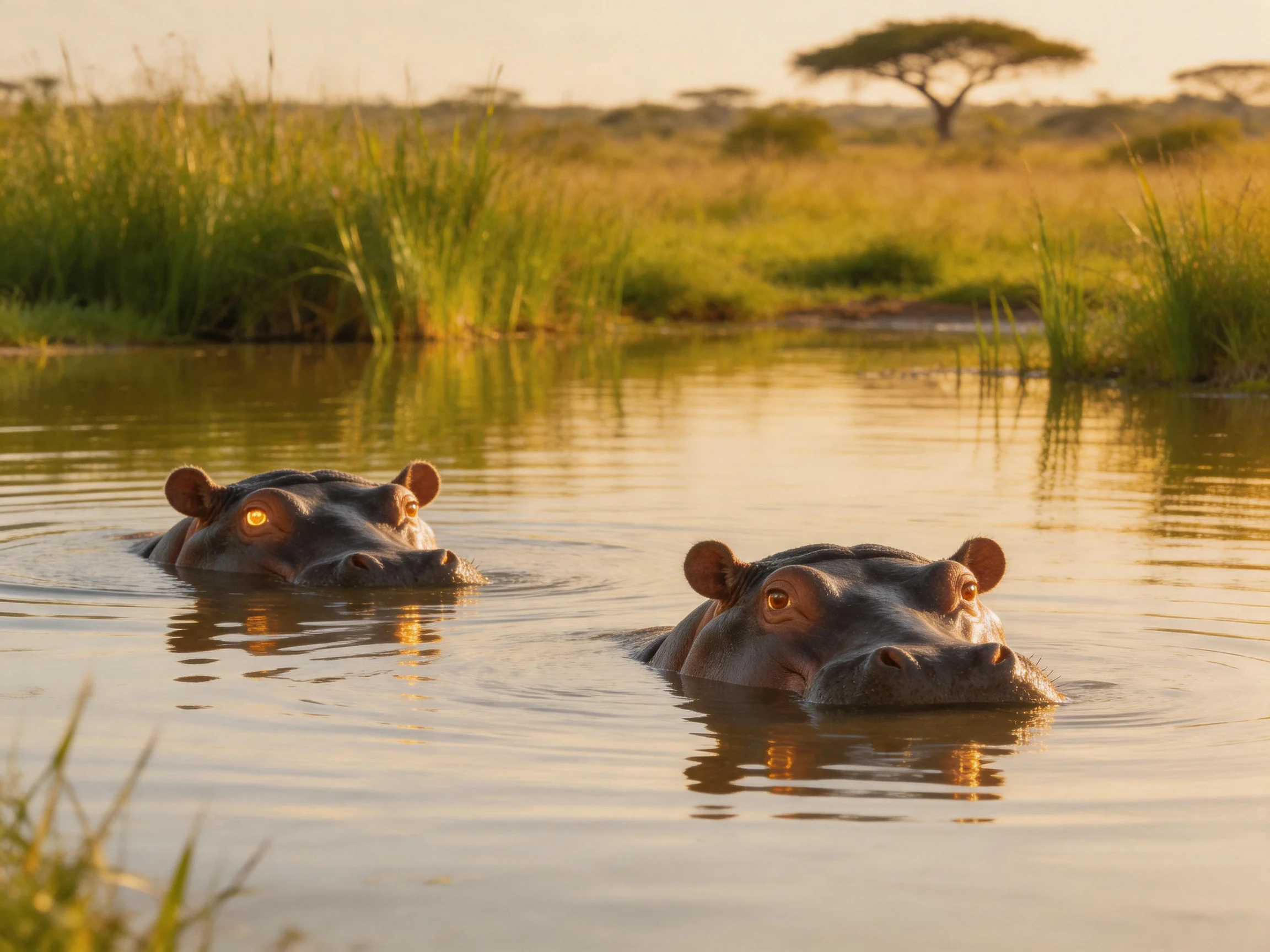 Two dark gray hippos swim in golden water near tall green reeds