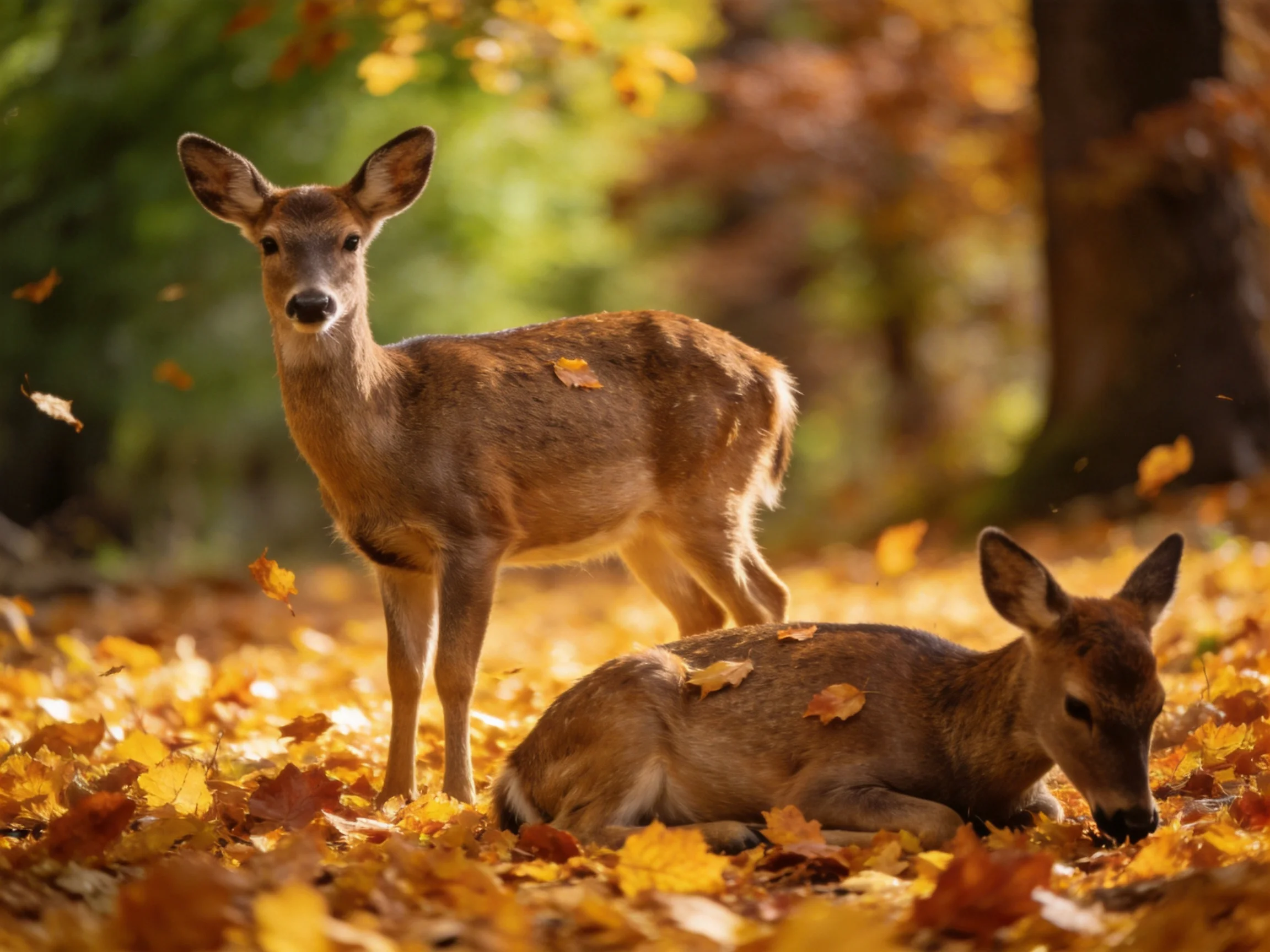 Two deer among golden autumn leaves in a sunlit forest.