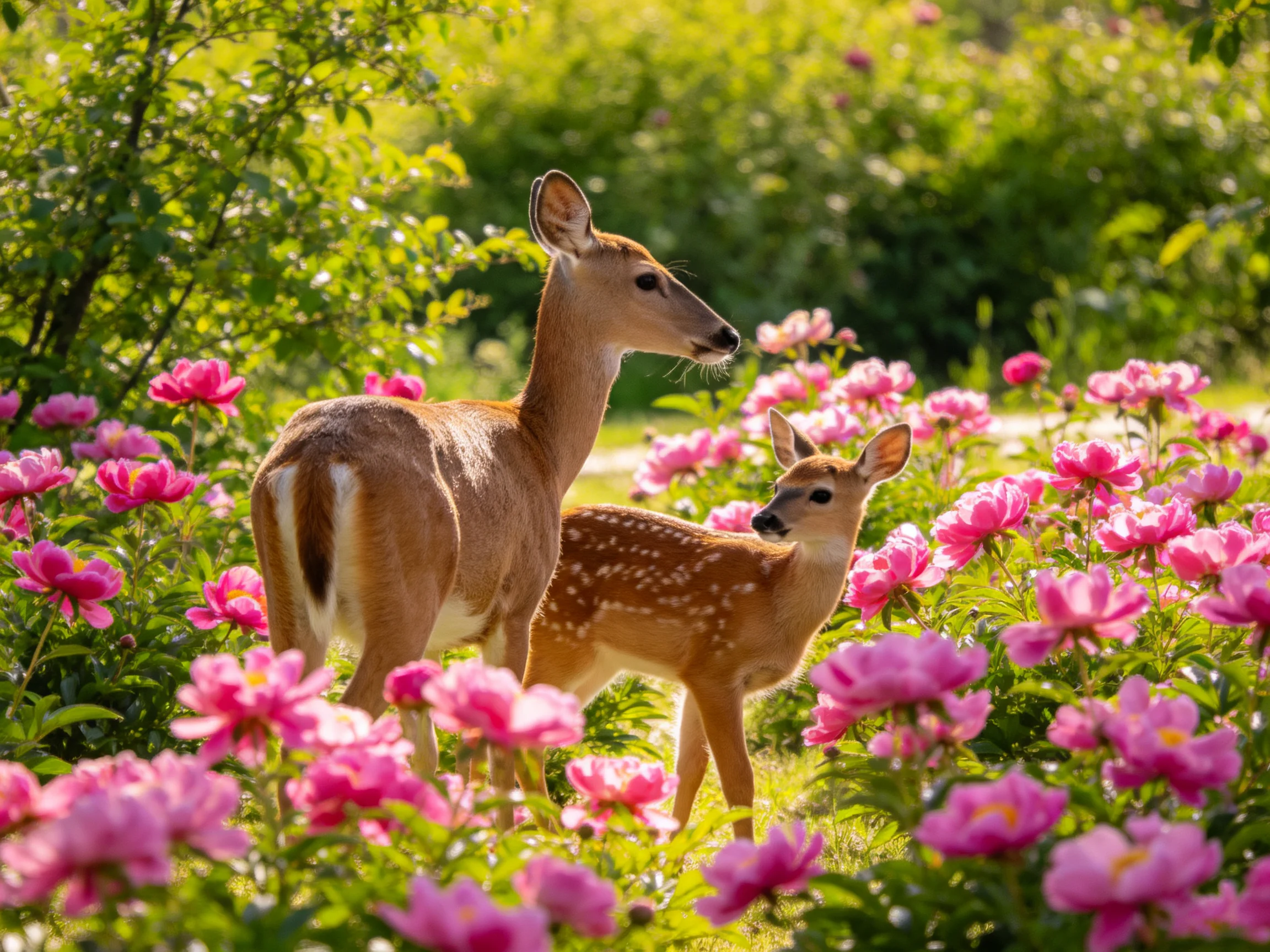 Two deer among vibrant pink flowers in a sun-drenched garden