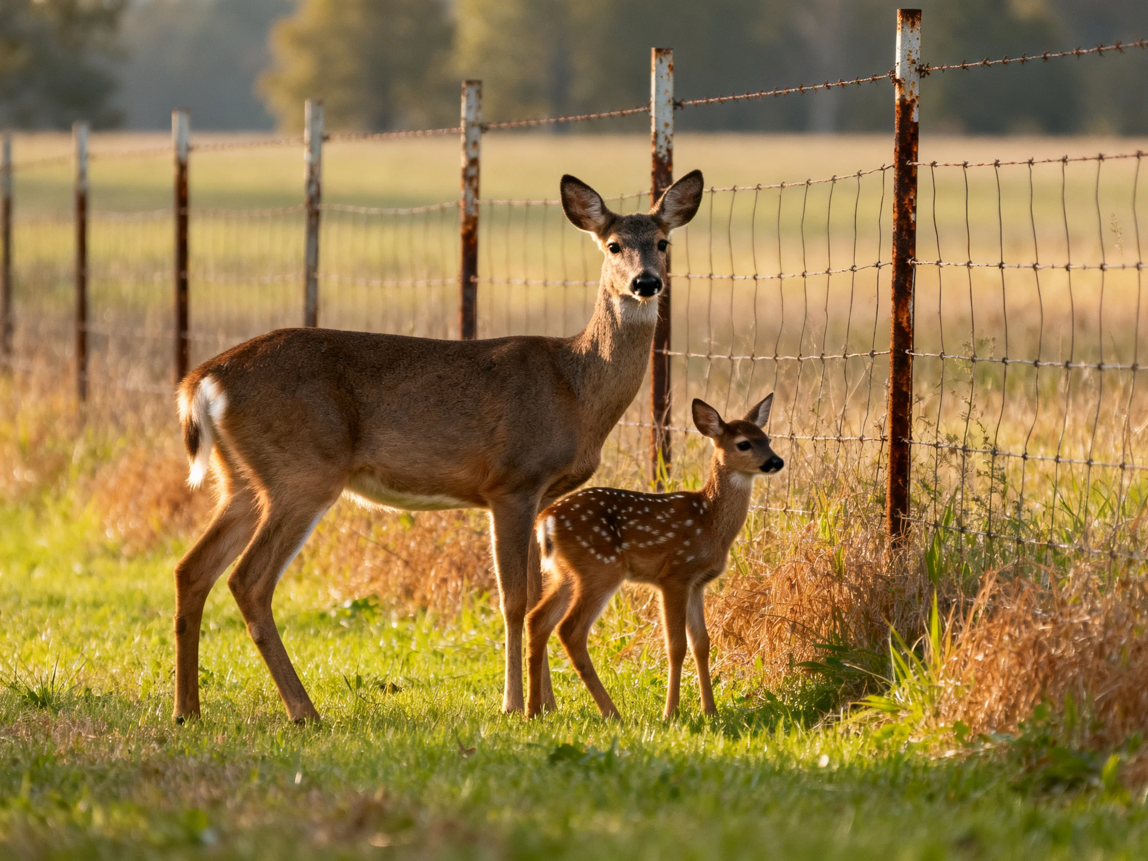 Two deer, an adult and fawn, near a rusted wire fence in a sunlit field