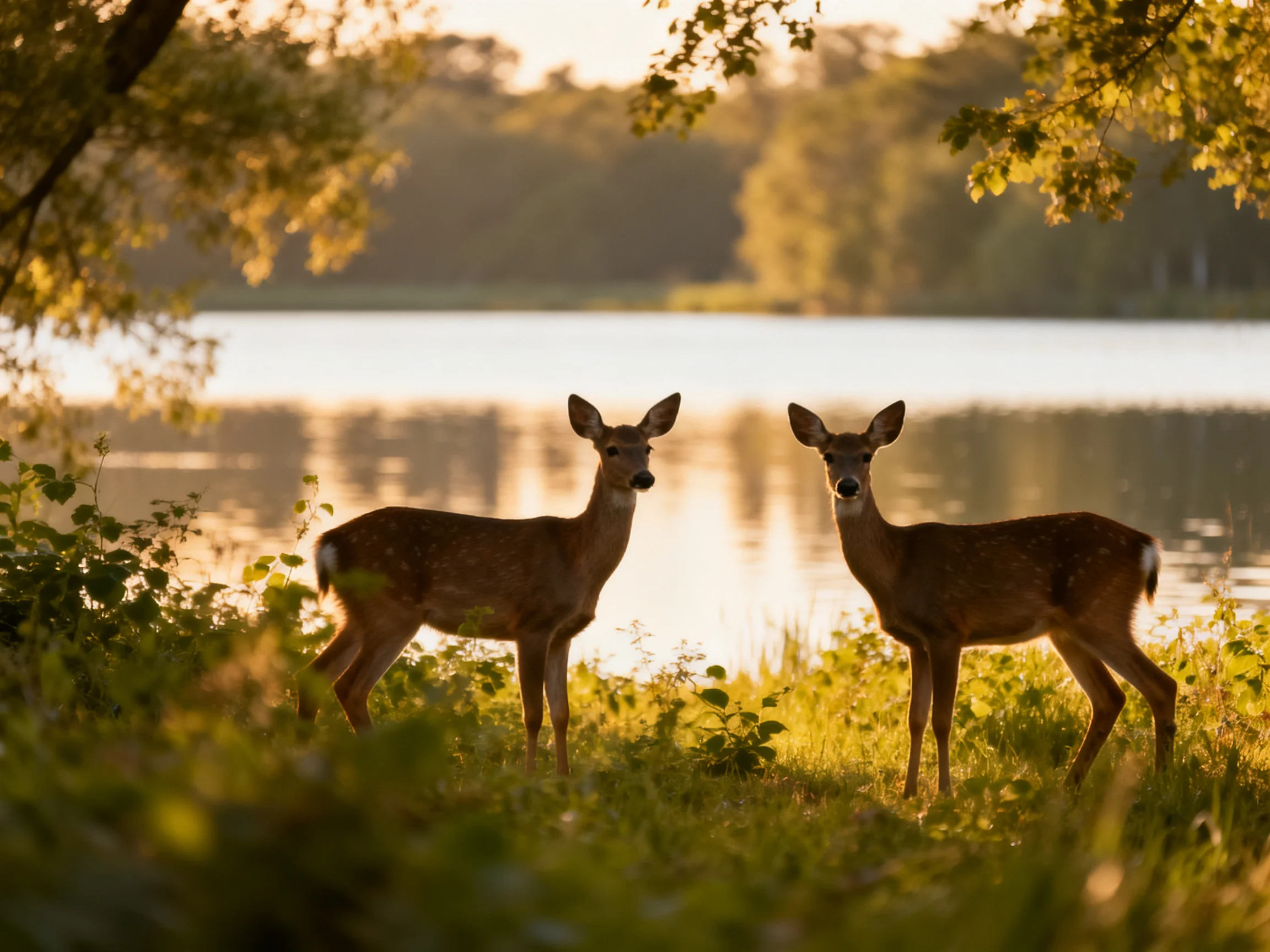 Two deer stand by a calm lake during golden hour.