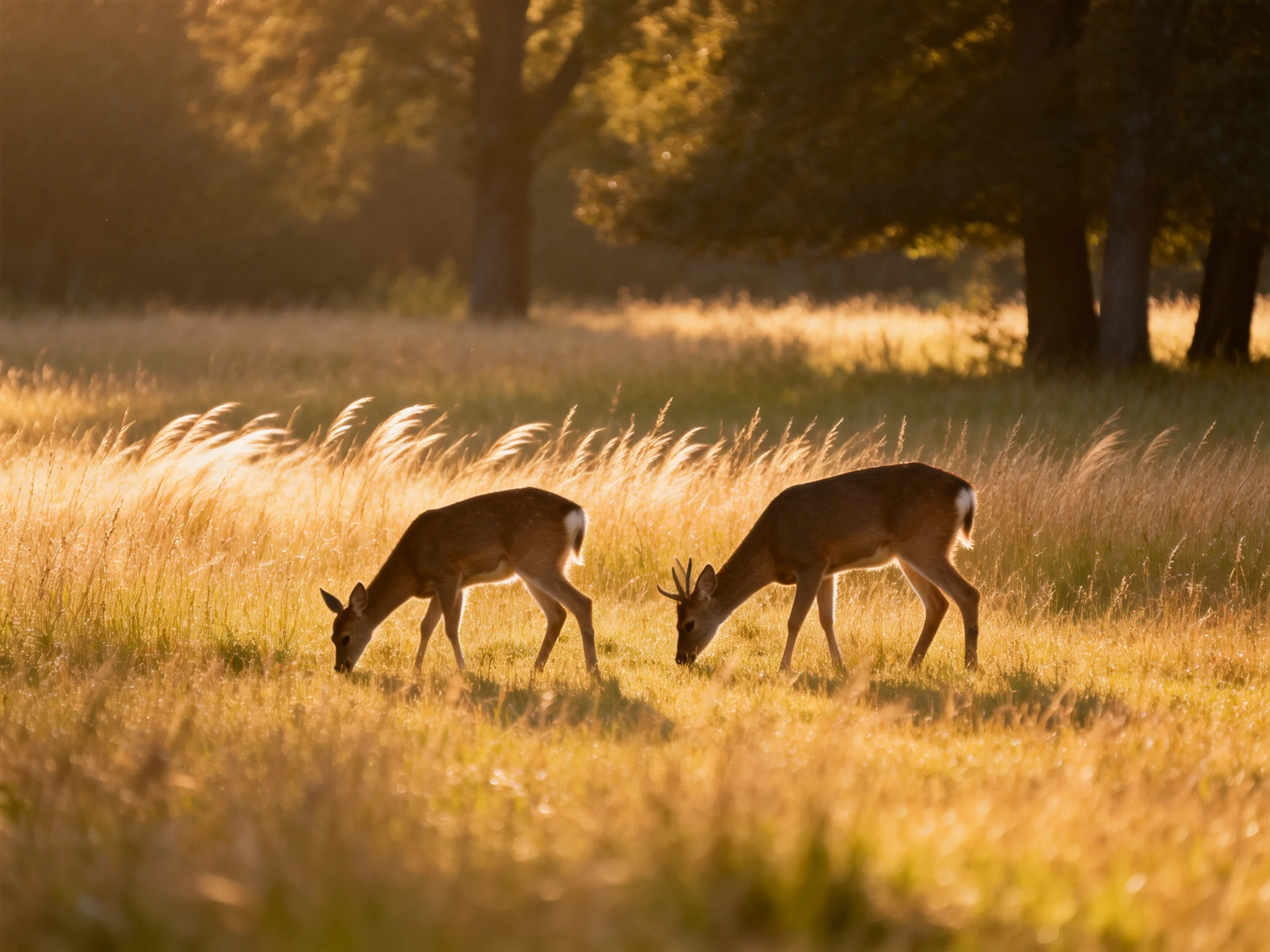Two deer graze in a sunlit meadow with tall trees.
