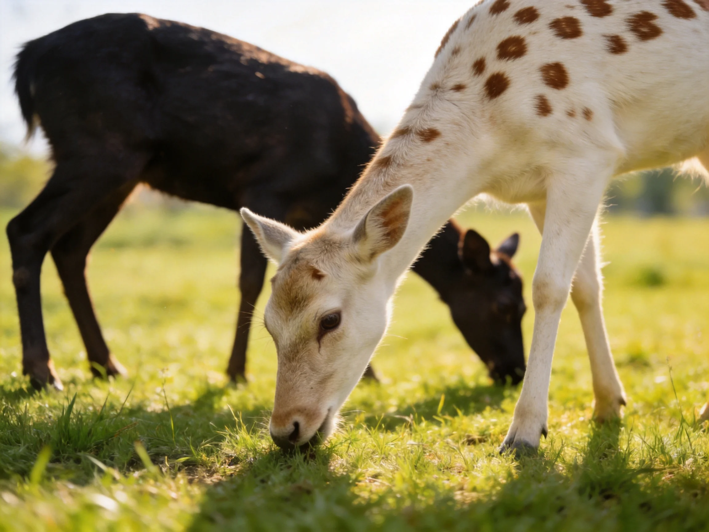 Two deer graze together in a sunlit meadow.