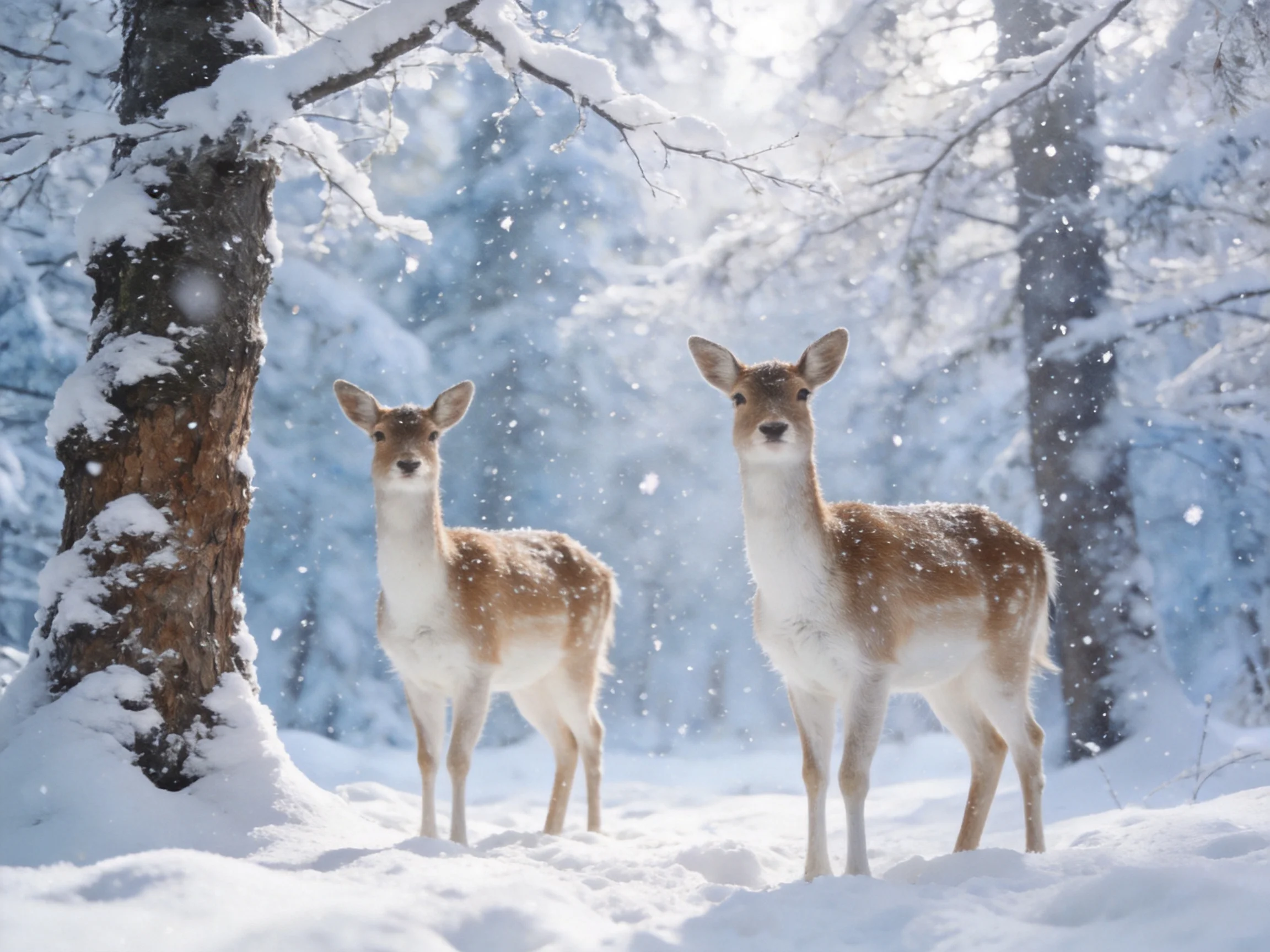 Two deer in a snow-laden forest with frosty trees