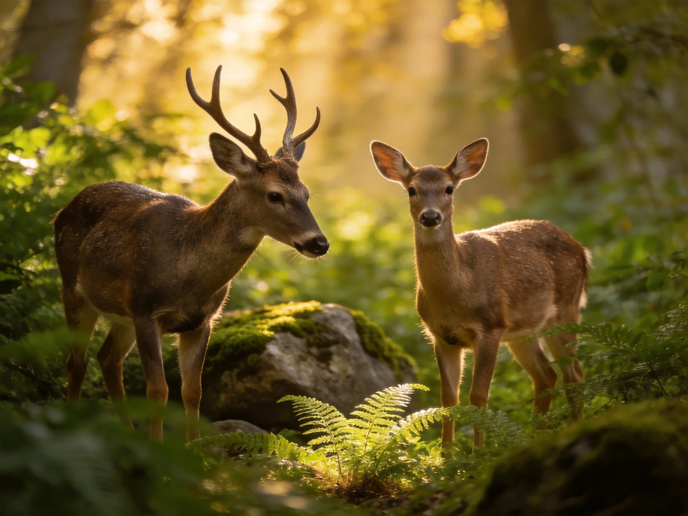 Two deer in a sun-dappled forest with lush ferns and moss