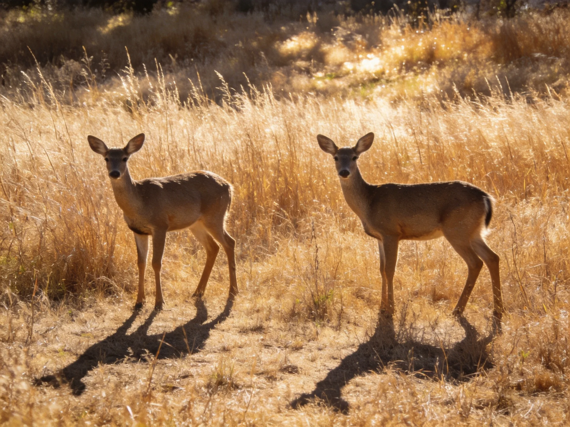 Two deer stand in a sunlit grassy field.