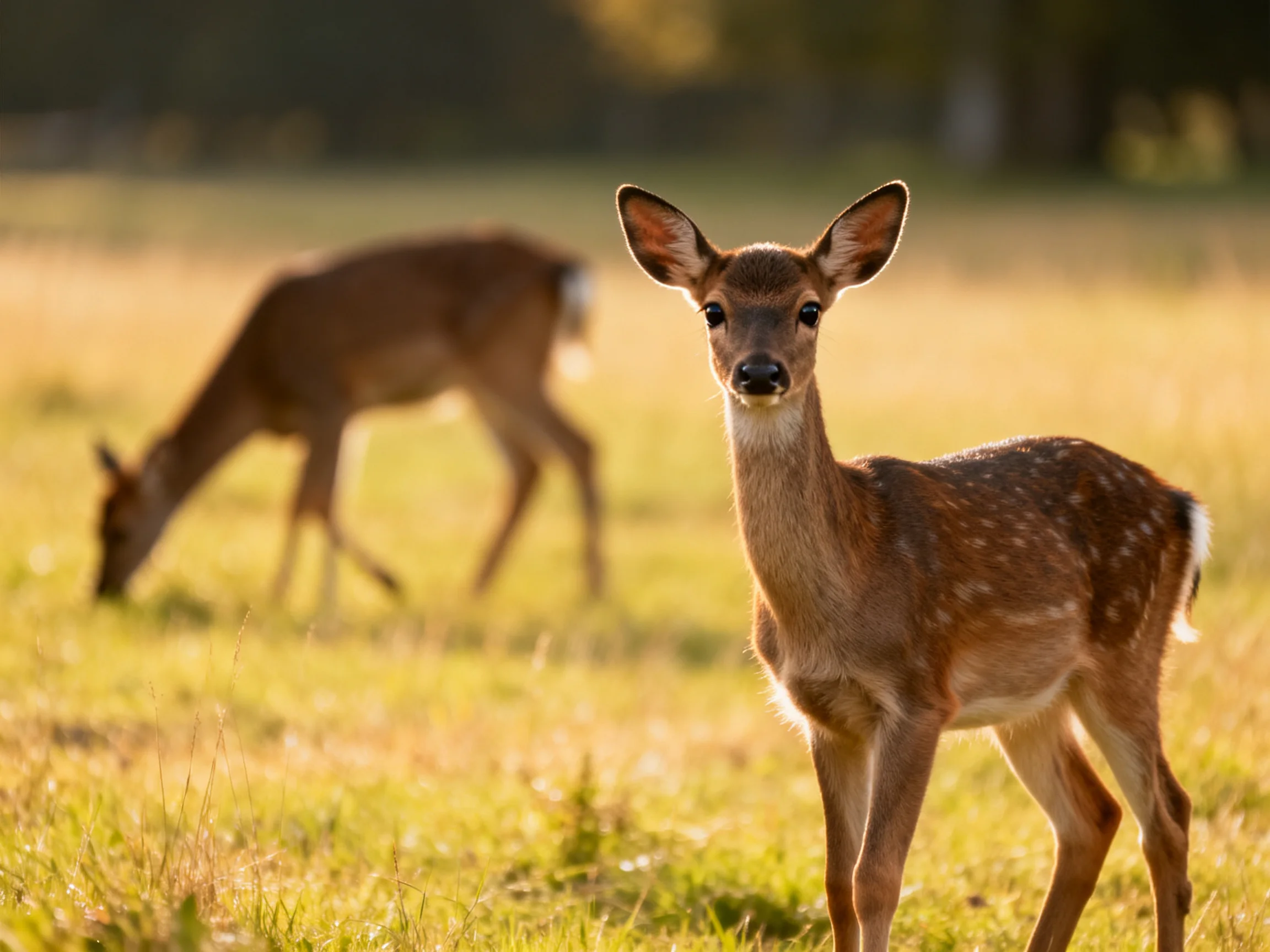 Two deer in a sunlit meadow, one fawn gazes, one grazes