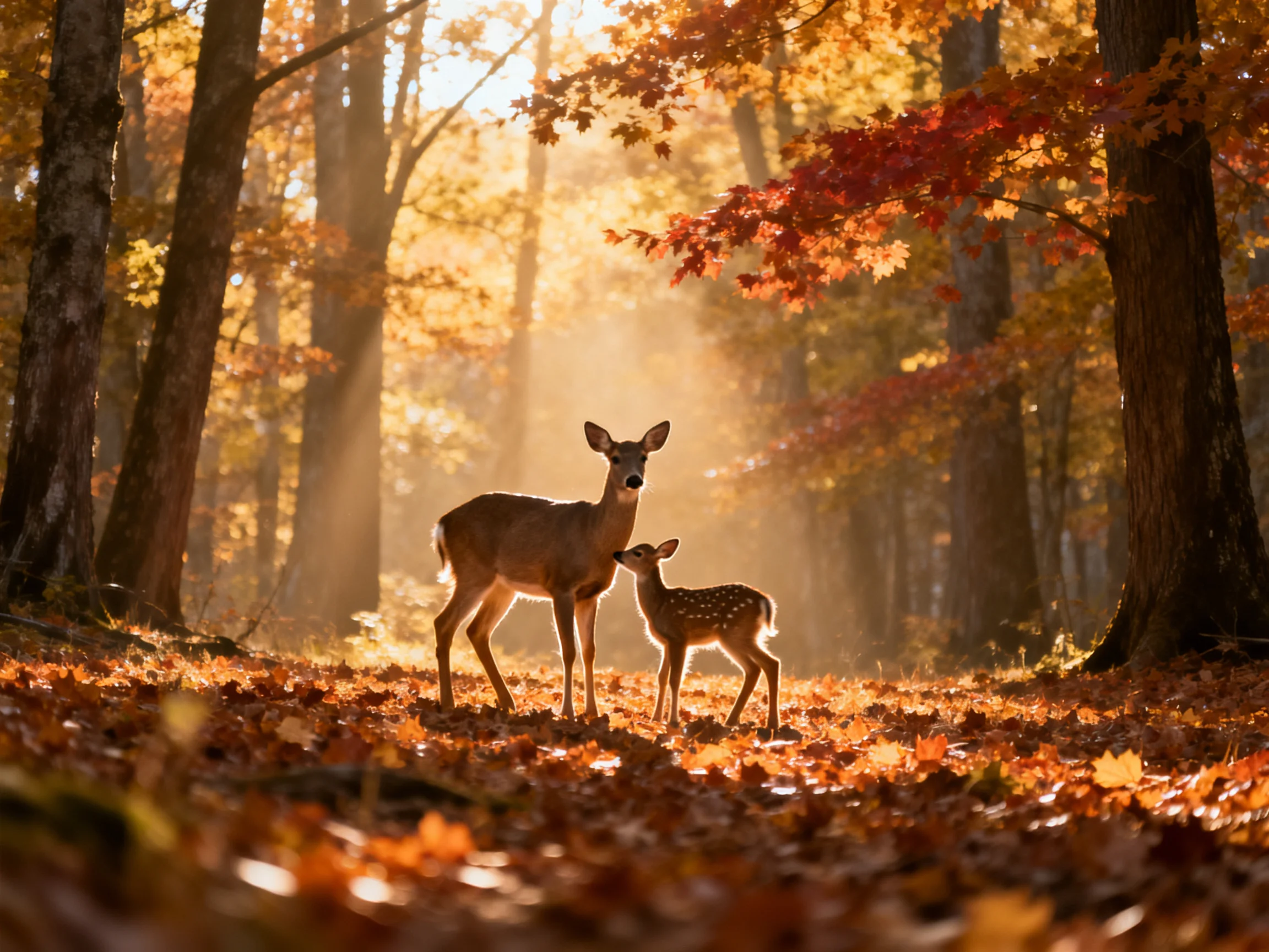 Two deer in an autumn forest illuminated by golden sunlight