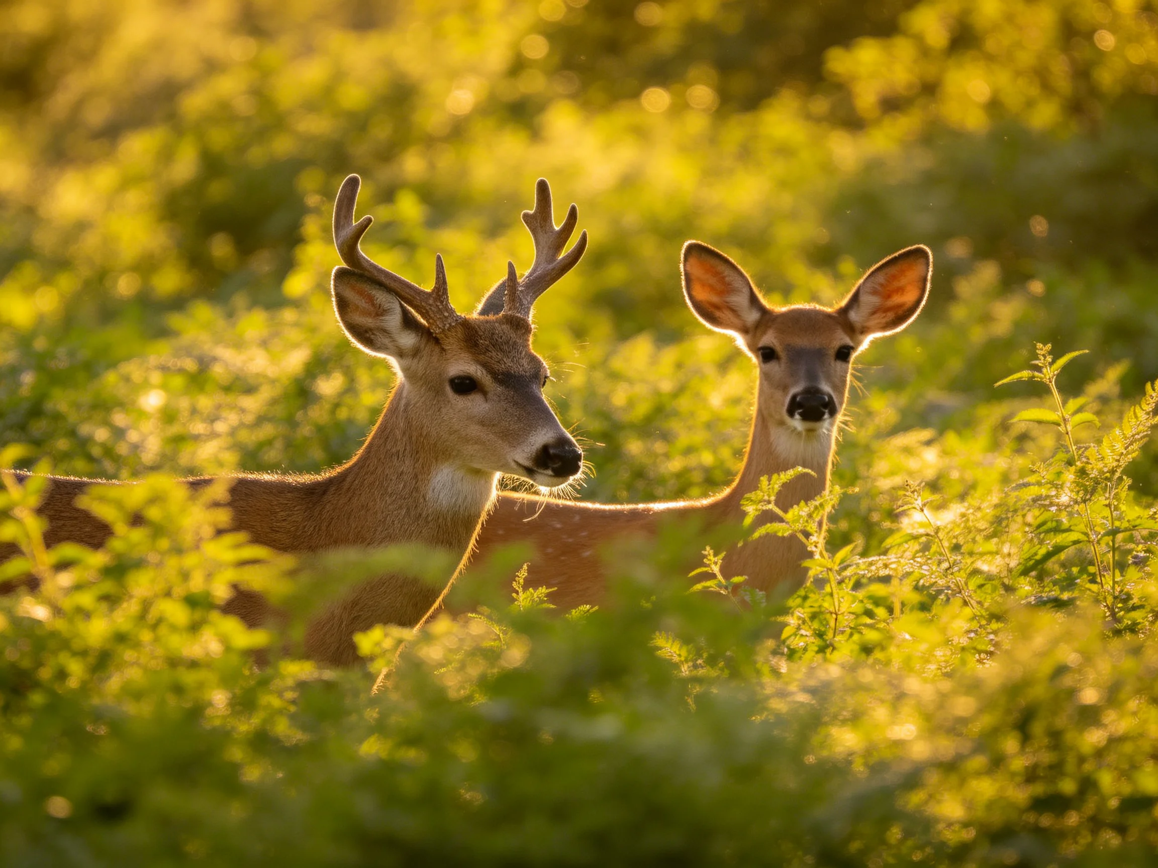 Two deer are among dense vegetation in a sunlit natural setting.