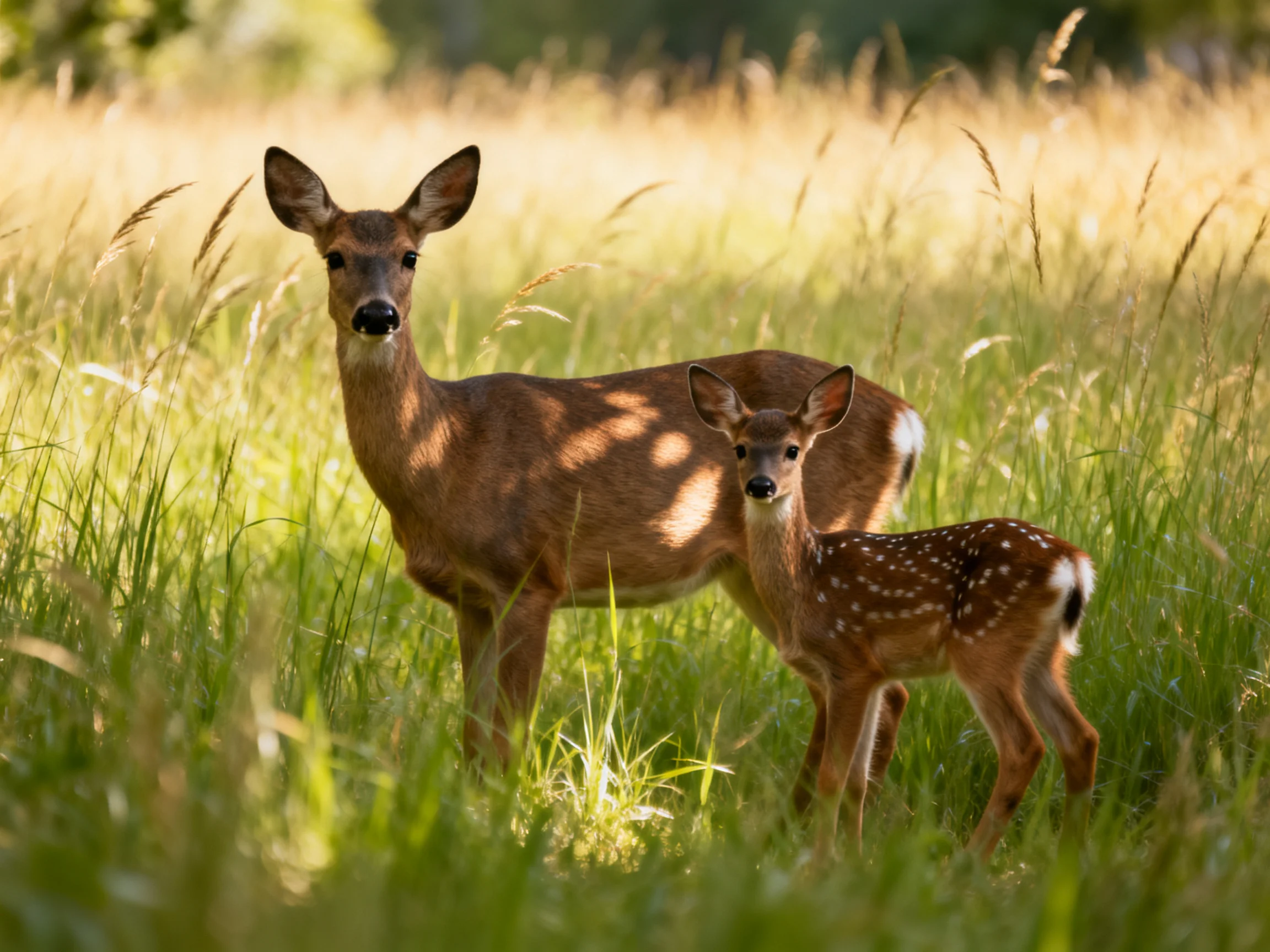 Two deer, one adult and one spotted fawn, stand in sunlit tall grass
