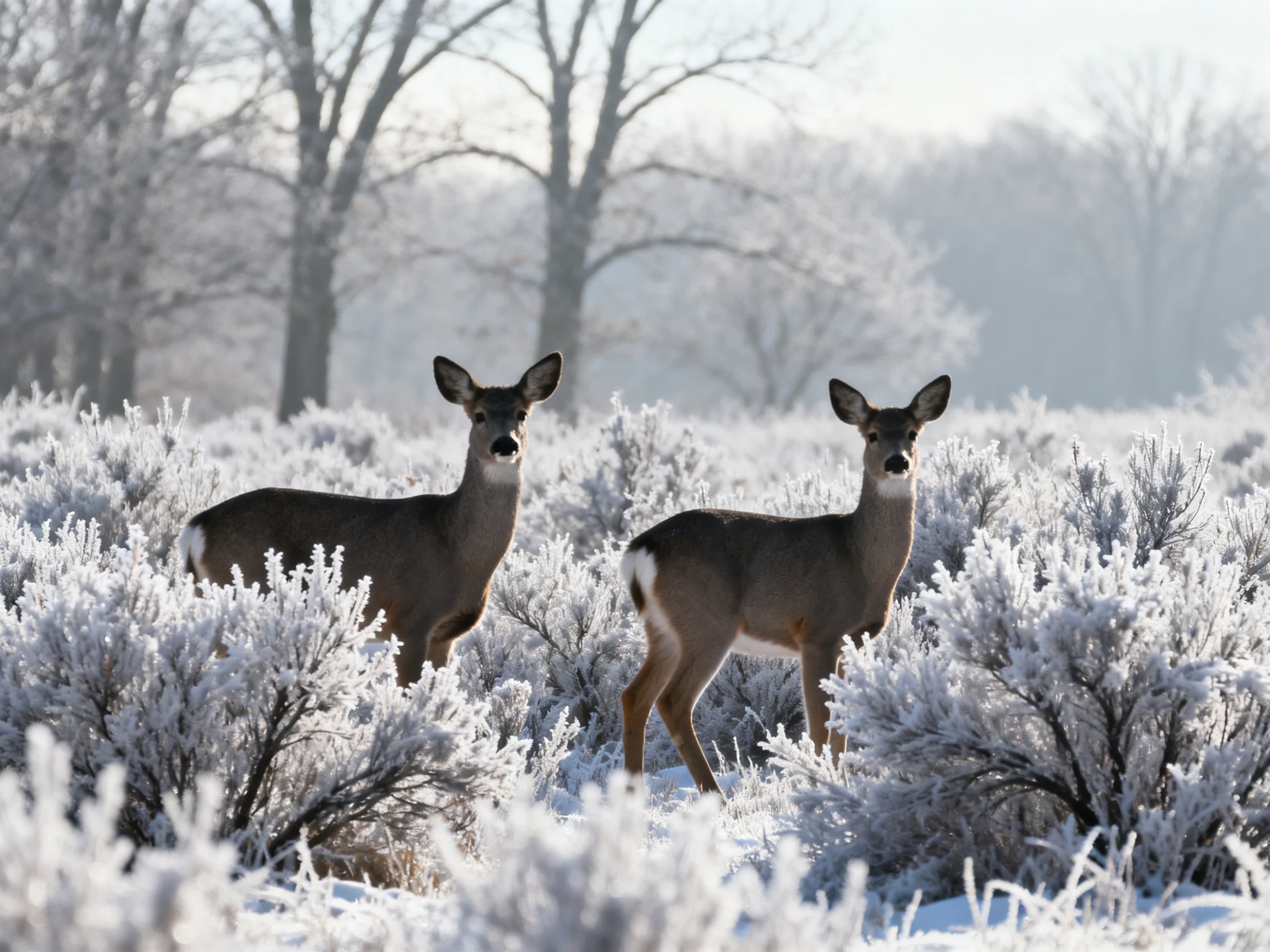 Two deer are in a snowy field with frosty vegetation.