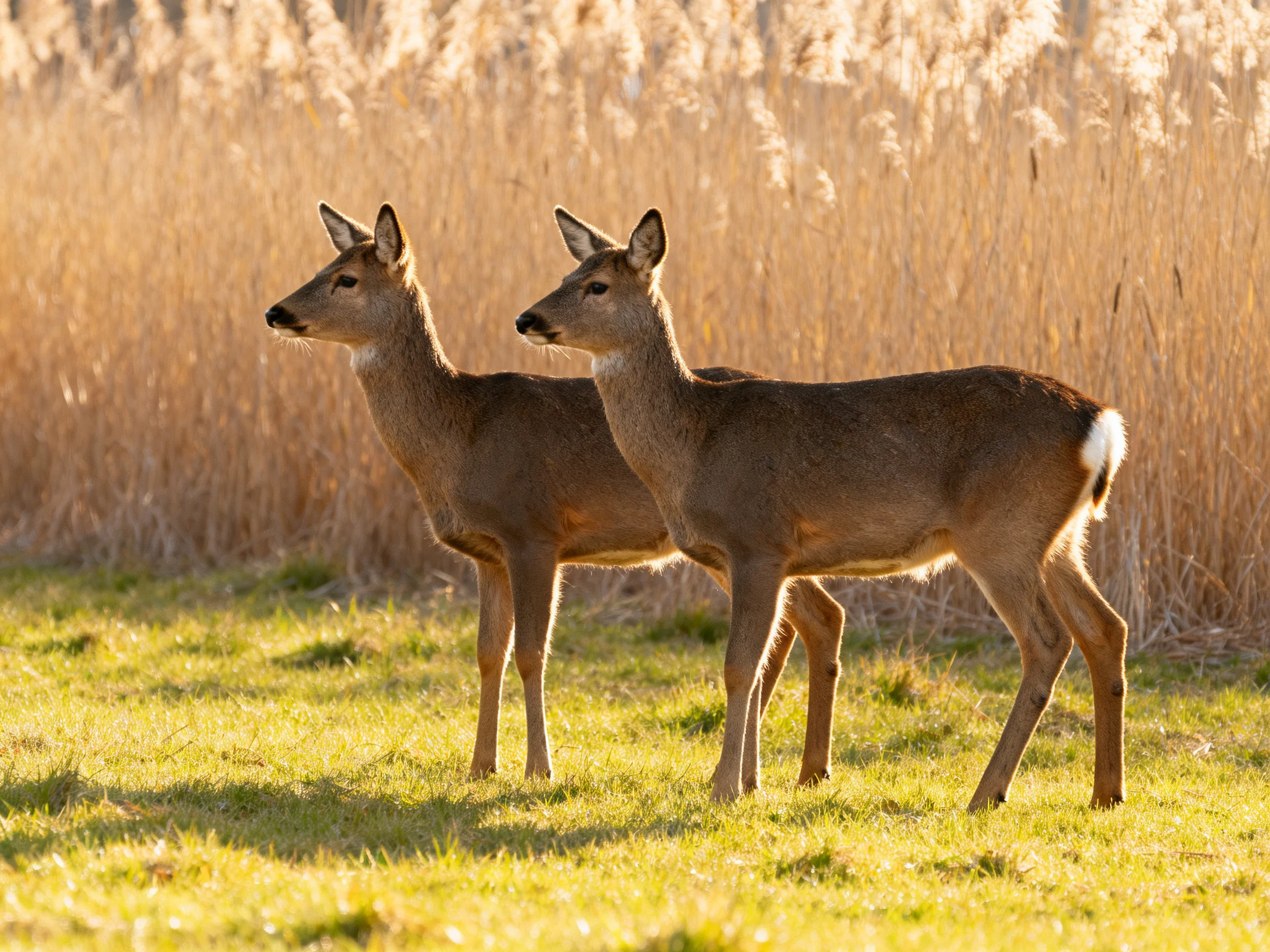 Two deer stand together in a sunlit field near tall reeds.