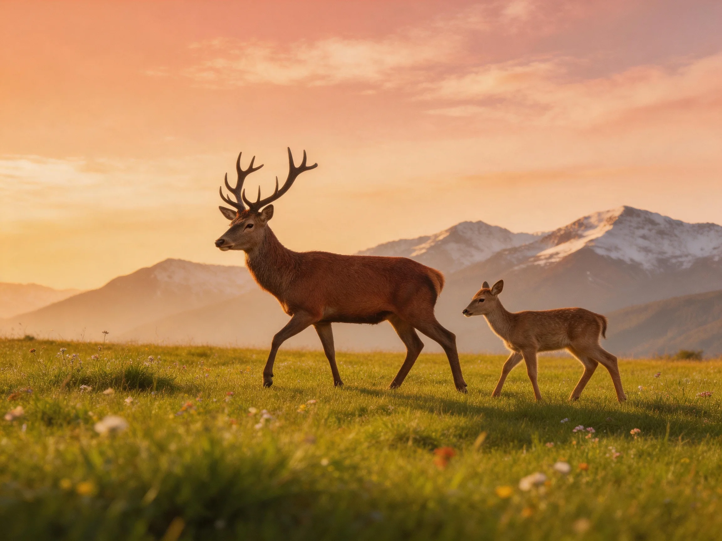 Two deer traverse a sunlit meadow with snow-capped mountains in the background.