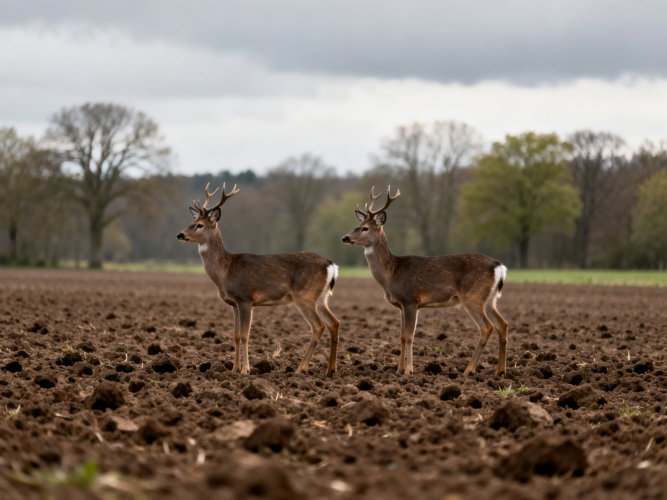 Two deer with antlers in a plowed, earth-toned field near leafy trees