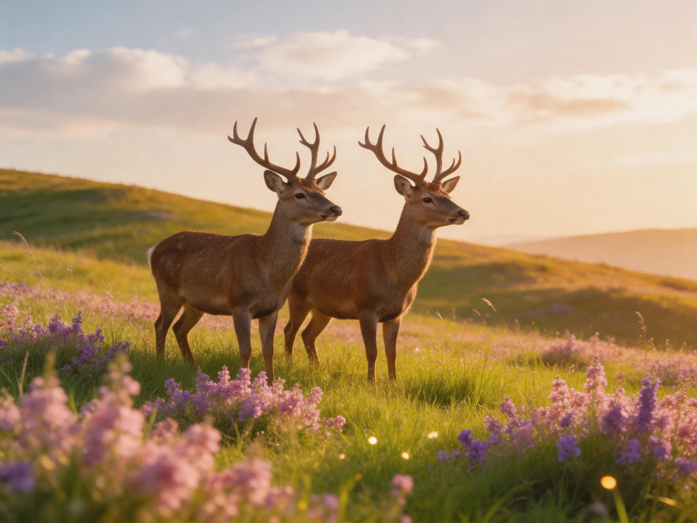 Two deer with antlers in a sunlit meadow of purple flowers and green hills