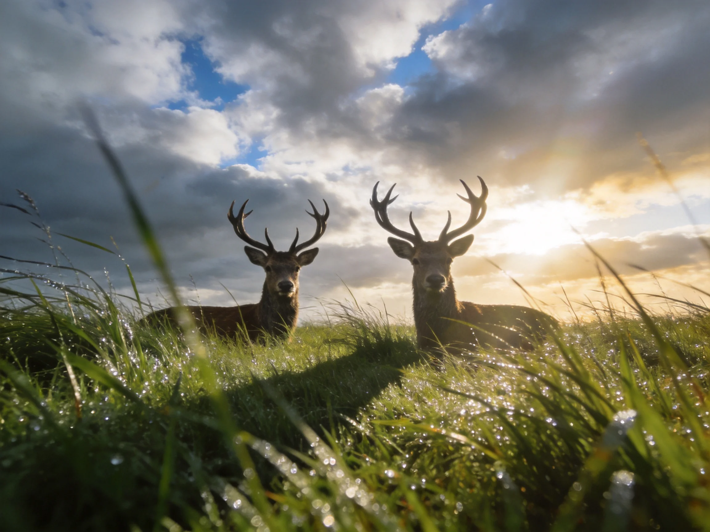 Two deer rest in dewy grass beneath a dramatic cloudy sky.